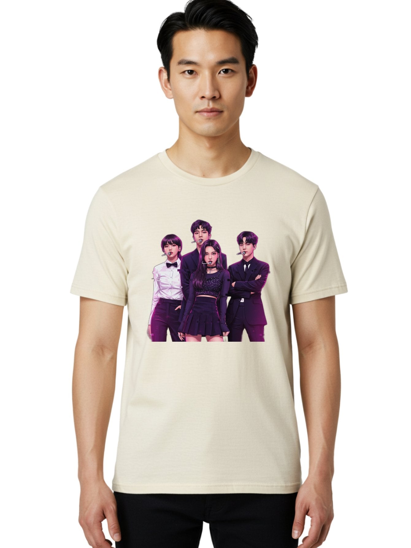 K-Pop-Group-6 Men'S Graphic Tee, 100% Cotton, Comfortable Casual Summer Wear, Machine Washable, K-Pop Performers, Group Portrait, Microphone Headset, Formal Attire, Black And White Clothing, Fashion Style, Music Industry, Pop Culture, Bac095 17
