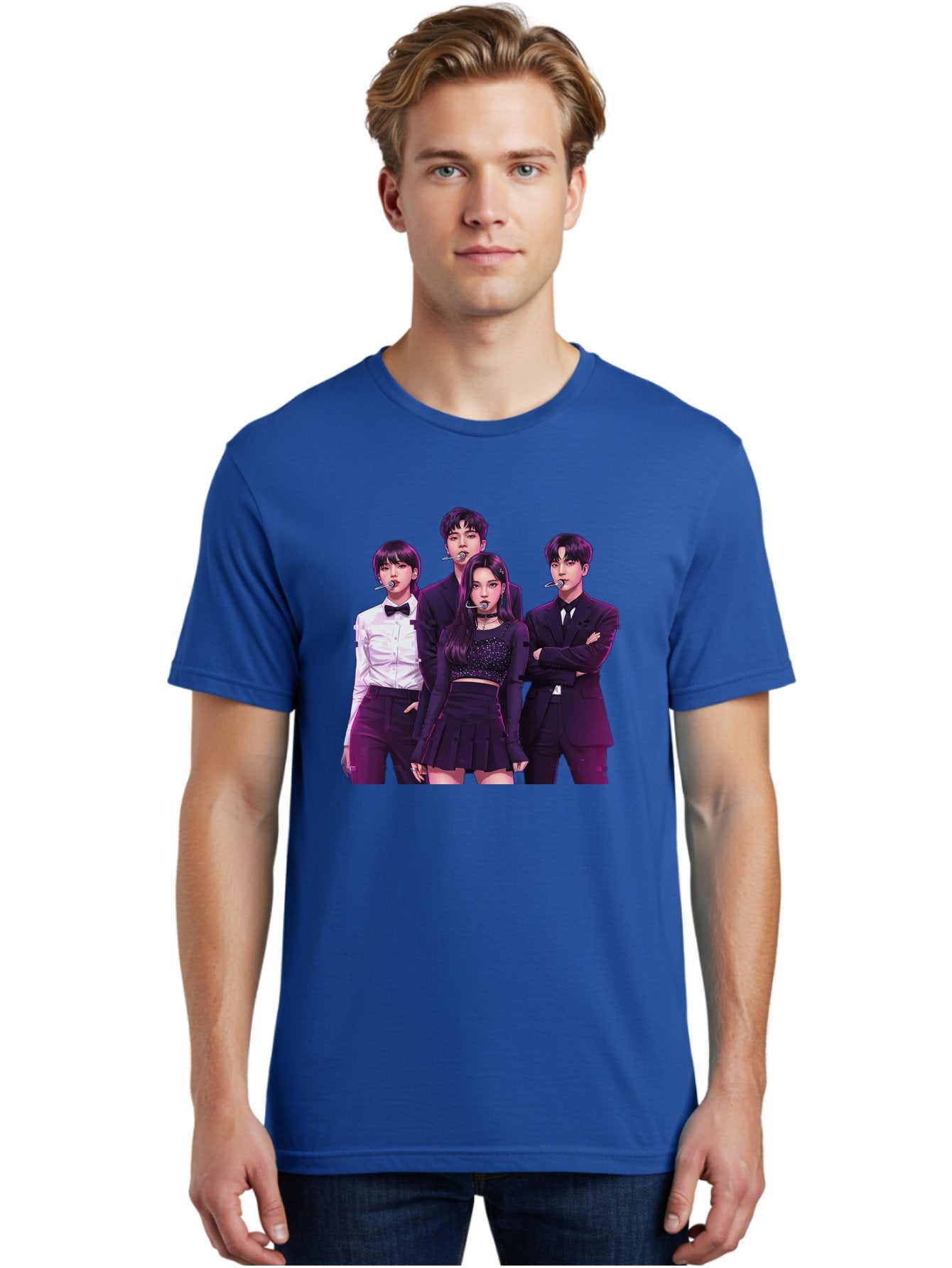 K-Pop-Group-6 Men'S Graphic Tee, 100% Cotton, Comfortable Casual Summer Wear, Machine Washable, K-Pop Performers, Group Portrait, Microphone Headset, Formal Attire, Black And White Clothing, Fashion Style, Music Industry, Pop Culture, Bac095 24