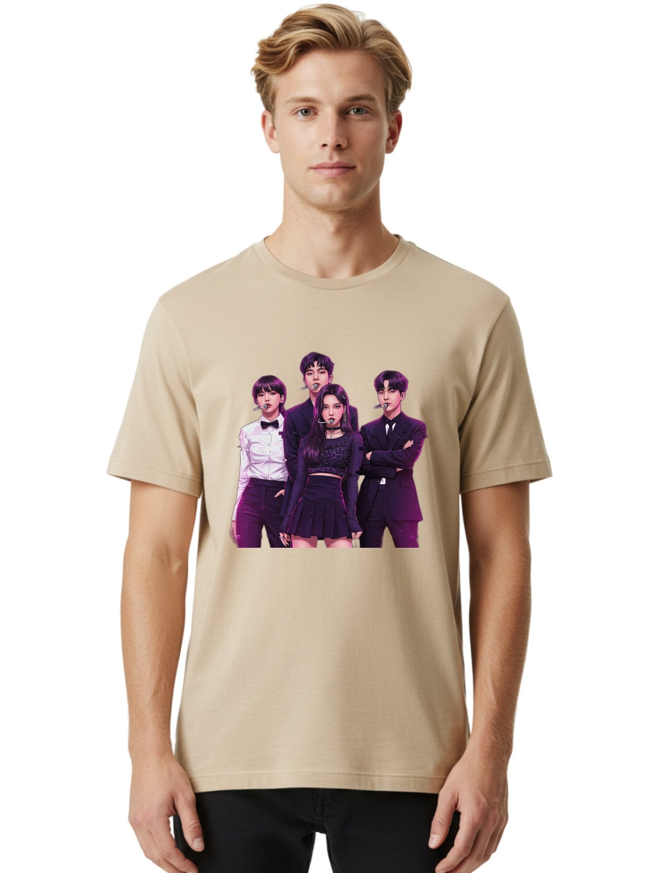 K-Pop-Group-6 Men'S Graphic Tee, 100% Cotton, Comfortable Casual Summer Wear, Machine Washable, K-Pop Performers, Group Portrait, Microphone Headset, Formal Attire, Black And White Clothing, Fashion Style, Music Industry, Pop Culture, Bac095 30