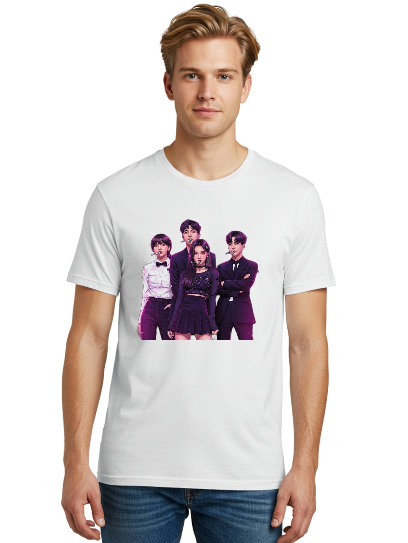 K-Pop-Group-6 Men'S Graphic Tee, 100% Cotton, Comfortable Casual Summer Wear, Machine Washable, K-Pop Performers, Group Portrait, Microphone Headset, Formal Attire, Black And White Clothing, Fashion Style, Music Industry, Pop Culture, Bac095 21