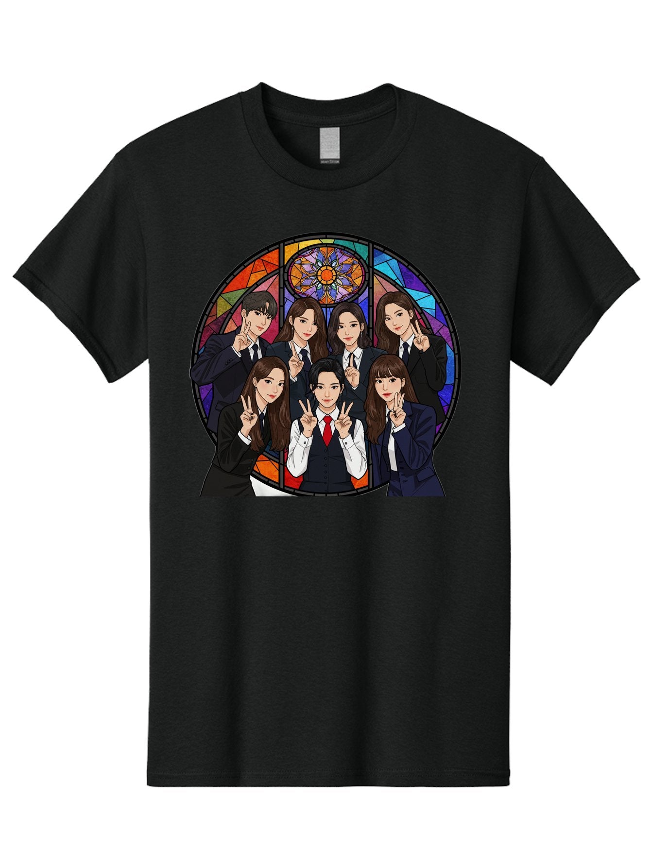 K-Pop-Group-7 Men'S Graphic Tee, 100% Cotton, Comfortable Casual Summer Wear, Machine Washable, K-Pop Group Illustration, Stained Glass Window, School Uniforms, Peace Signs, K-Pop Fashion, Group Portrait, Colorful Background, K-Pop Idols, Bac096 9