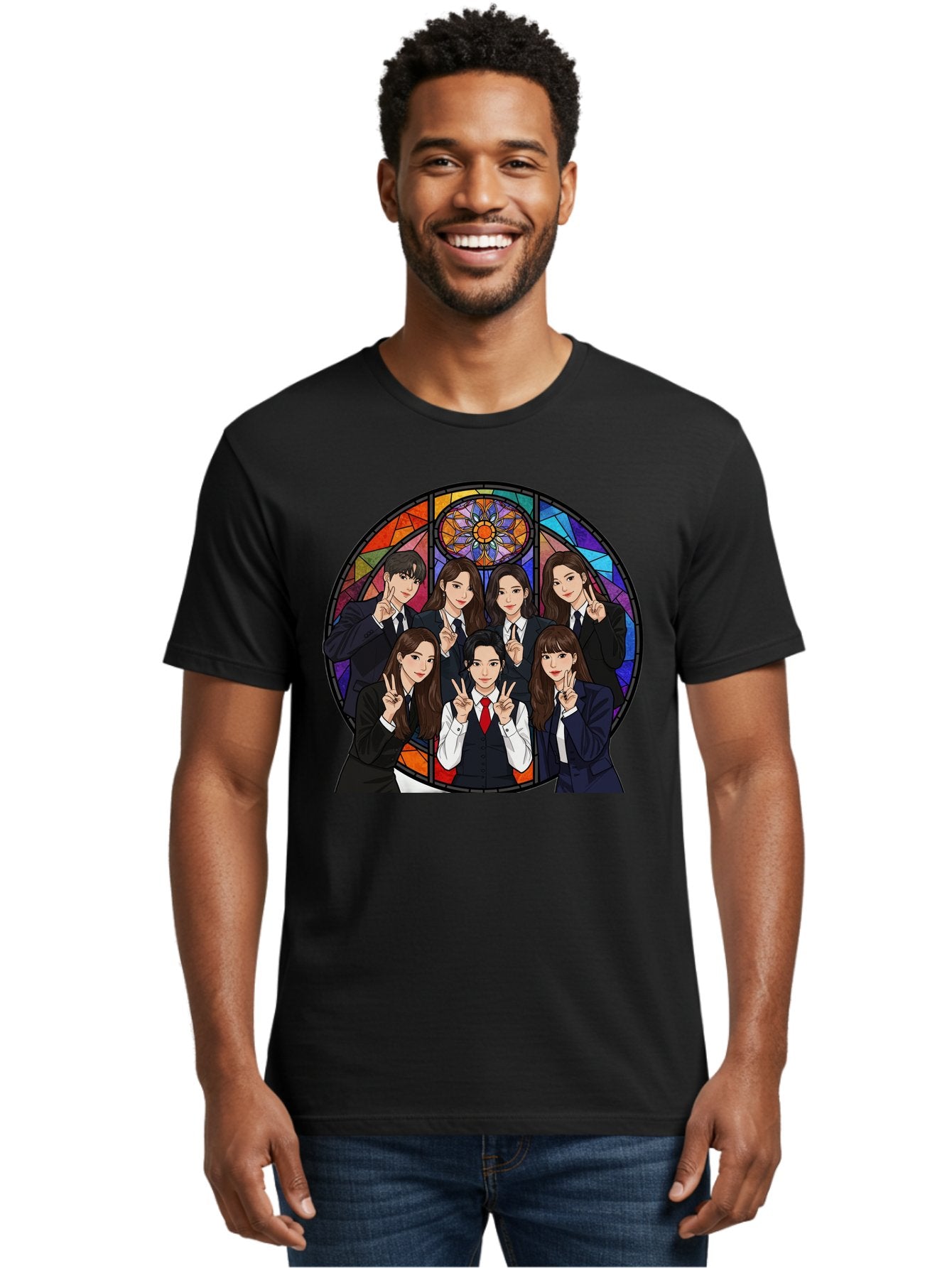 K-Pop-Group-7 Men'S Graphic Tee, 100% Cotton, Comfortable Casual Summer Wear, Machine Washable, K-Pop Group Illustration, Stained Glass Window, School Uniforms, Peace Signs, K-Pop Fashion, Group Portrait, Colorful Background, K-Pop Idols, Bac096 26