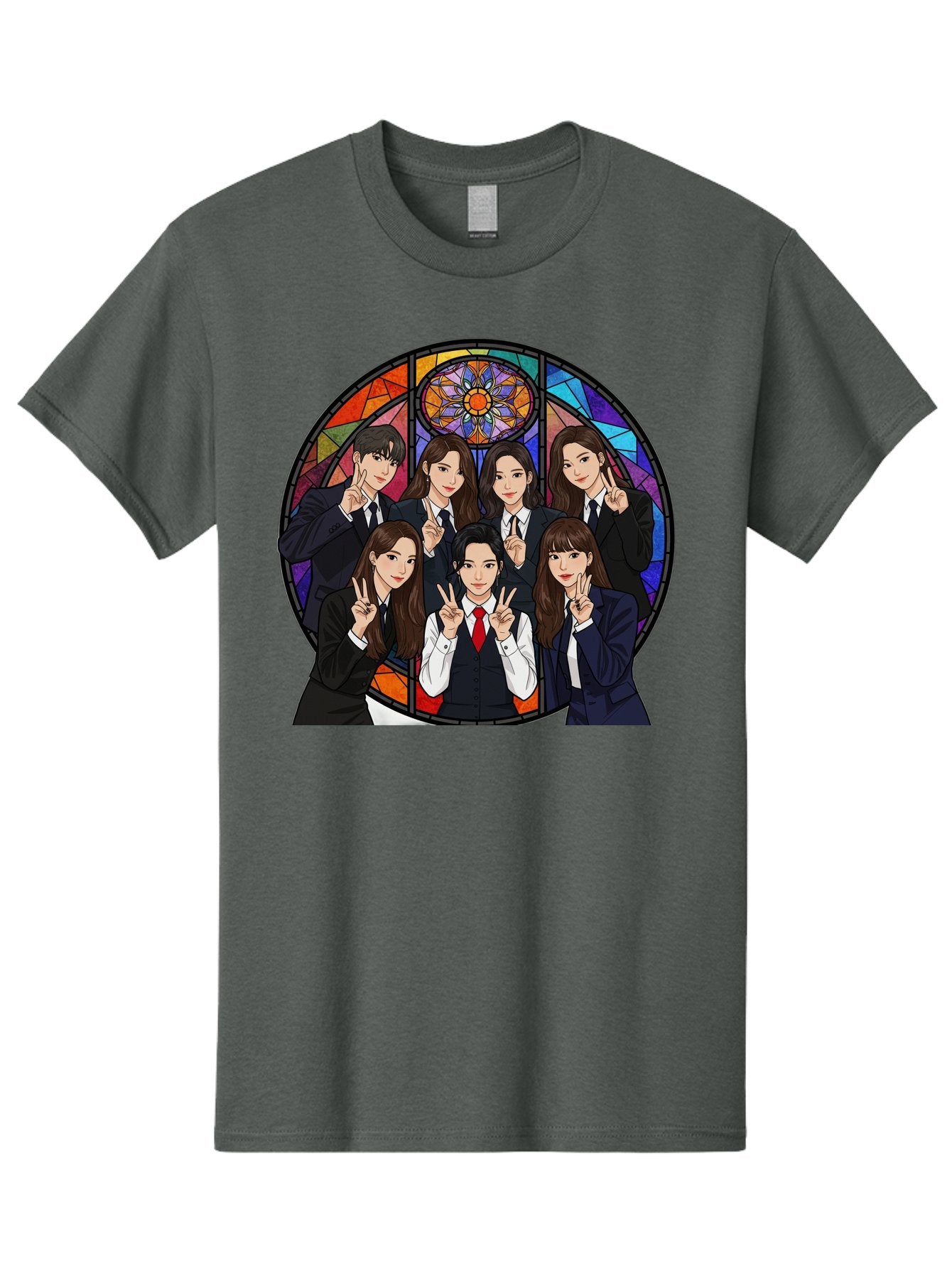 K-Pop-Group-7 Men'S Graphic Tee, 100% Cotton, Comfortable Casual Summer Wear, Machine Washable, K-Pop Group Illustration, Stained Glass Window, School Uniforms, Peace Signs, K-Pop Fashion, Group Portrait, Colorful Background, K-Pop Idols, Bac096 11