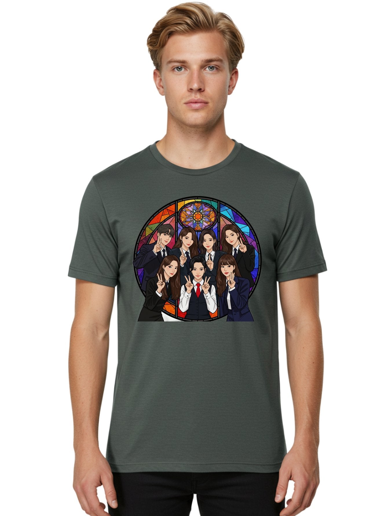 K-Pop-Group-7 Men'S Graphic Tee, 100% Cotton, Comfortable Casual Summer Wear, Machine Washable, K-Pop Group Illustration, Stained Glass Window, School Uniforms, Peace Signs, K-Pop Fashion, Group Portrait, Colorful Background, K-Pop Idols, Bac096 27