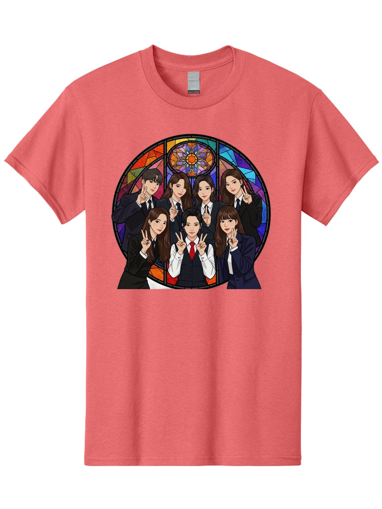 K-Pop-Group-7 Men'S Graphic Tee, 100% Cotton, Comfortable Casual Summer Wear, Machine Washable, K-Pop Group Illustration, Stained Glass Window, School Uniforms, Peace Signs, K-Pop Fashion, Group Portrait, Colorful Background, K-Pop Idols, Bac096 5