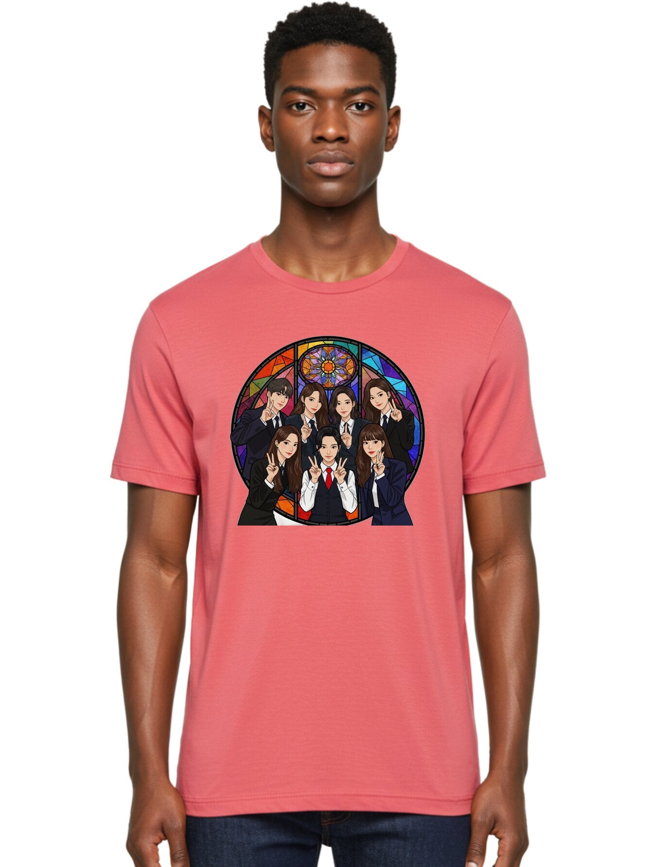 K-Pop-Group-7 Men'S Graphic Tee, 100% Cotton, Comfortable Casual Summer Wear, Machine Washable, K-Pop Group Illustration, Stained Glass Window, School Uniforms, Peace Signs, K-Pop Fashion, Group Portrait, Colorful Background, K-Pop Idols, Bac096 23