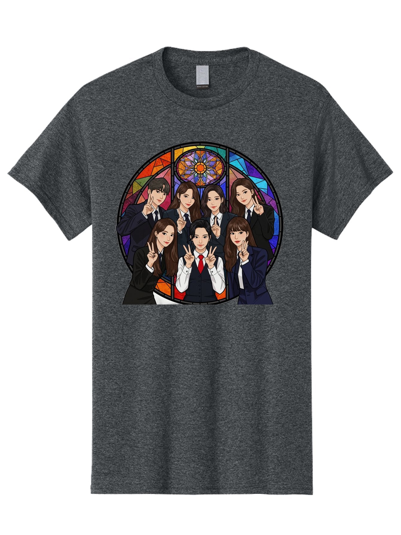 K-Pop-Group-7 Men'S Graphic Tee, 100% Cotton, Comfortable Casual Summer Wear, Machine Washable, K-Pop Group Illustration, Stained Glass Window, School Uniforms, Peace Signs, K-Pop Fashion, Group Portrait, Colorful Background, K-Pop Idols, Bac096 13