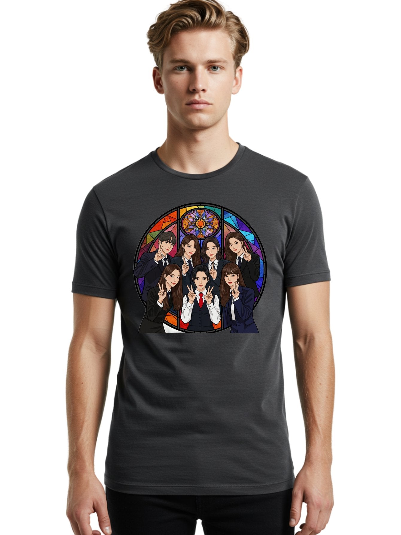 K-Pop-Group-7 Men'S Graphic Tee, 100% Cotton, Comfortable Casual Summer Wear, Machine Washable, K-Pop Group Illustration, Stained Glass Window, School Uniforms, Peace Signs, K-Pop Fashion, Group Portrait, Colorful Background, K-Pop Idols, Bac096 20