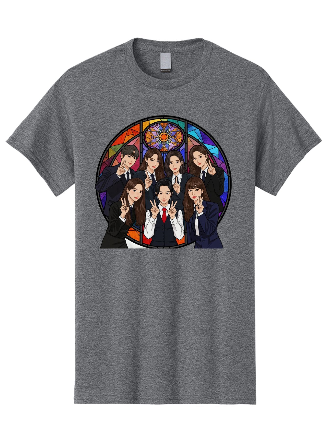 K-Pop-Group-7 Men'S Graphic Tee, 100% Cotton, Comfortable Casual Summer Wear, Machine Washable, K-Pop Group Illustration, Stained Glass Window, School Uniforms, Peace Signs, K-Pop Fashion, Group Portrait, Colorful Background, K-Pop Idols, Bac096 8