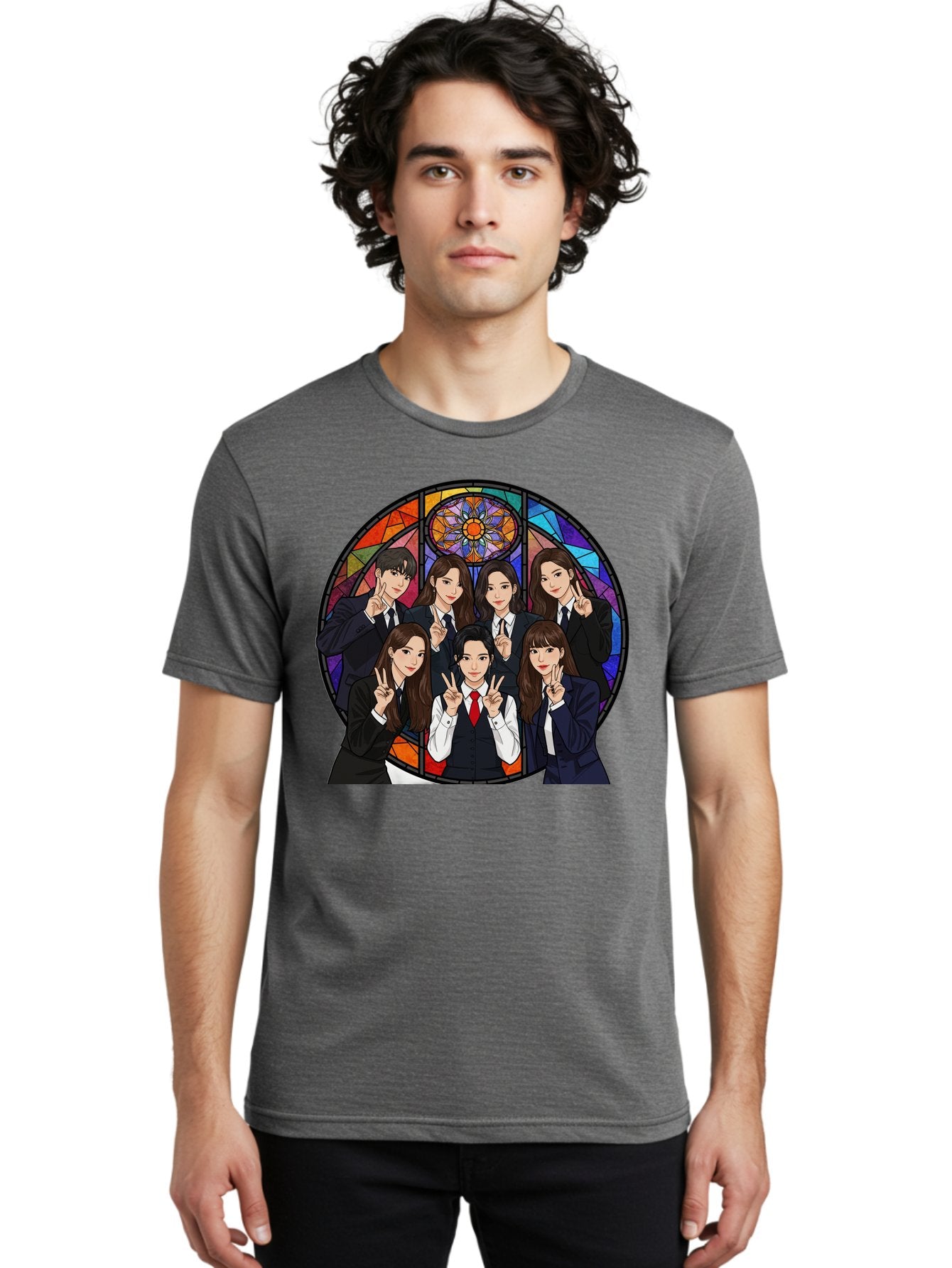 K-Pop-Group-7 Men'S Graphic Tee, 100% Cotton, Comfortable Casual Summer Wear, Machine Washable, K-Pop Group Illustration, Stained Glass Window, School Uniforms, Peace Signs, K-Pop Fashion, Group Portrait, Colorful Background, K-Pop Idols, Bac096 25