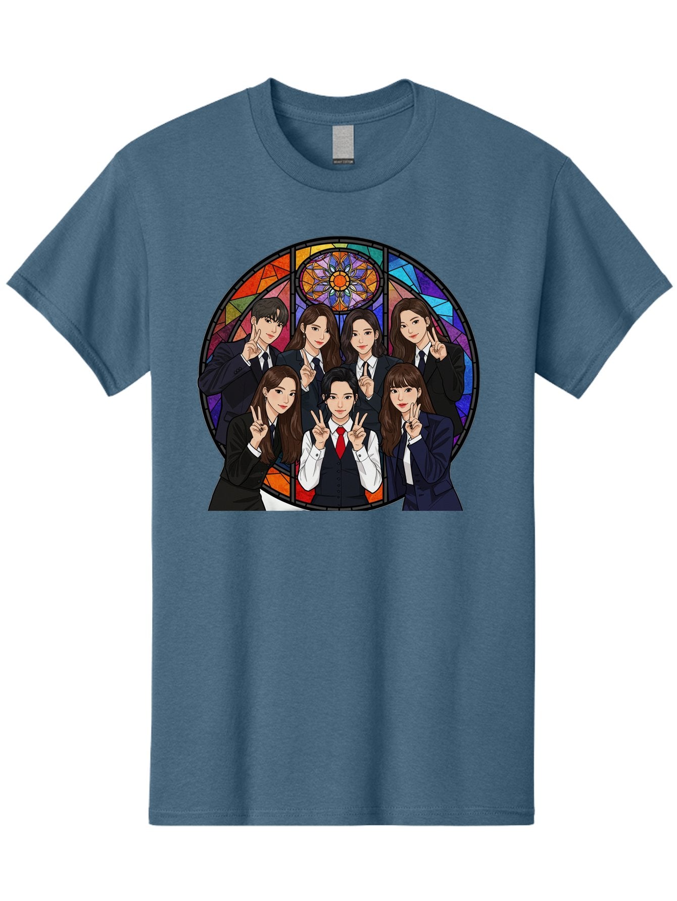 K-Pop-Group-7 Men'S Graphic Tee, 100% Cotton, Comfortable Casual Summer Wear, Machine Washable, K-Pop Group Illustration, Stained Glass Window, School Uniforms, Peace Signs, K-Pop Fashion, Group Portrait, Colorful Background, K-Pop Idols, Bac096 10