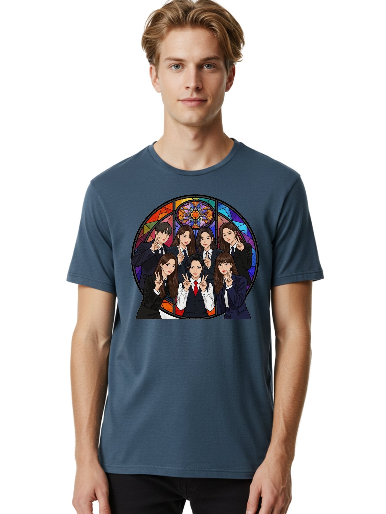 K-Pop-Group-7 Men'S Graphic Tee, 100% Cotton, Comfortable Casual Summer Wear, Machine Washable, K-Pop Group Illustration, Stained Glass Window, School Uniforms, Peace Signs, K-Pop Fashion, Group Portrait, Colorful Background, K-Pop Idols, Bac096 17