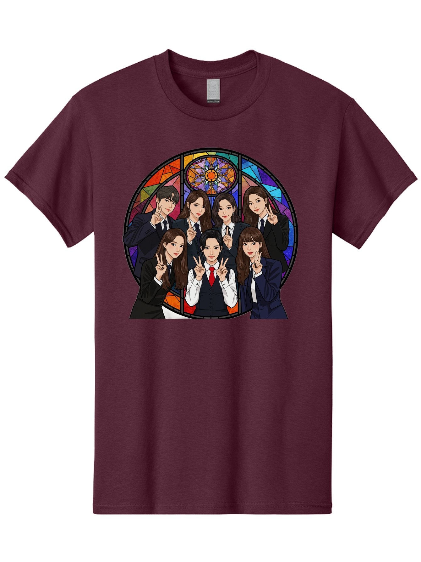K-Pop-Group-7 Men'S Graphic Tee, 100% Cotton, Comfortable Casual Summer Wear, Machine Washable, K-Pop Group Illustration, Stained Glass Window, School Uniforms, Peace Signs, K-Pop Fashion, Group Portrait, Colorful Background, K-Pop Idols, Bac096
