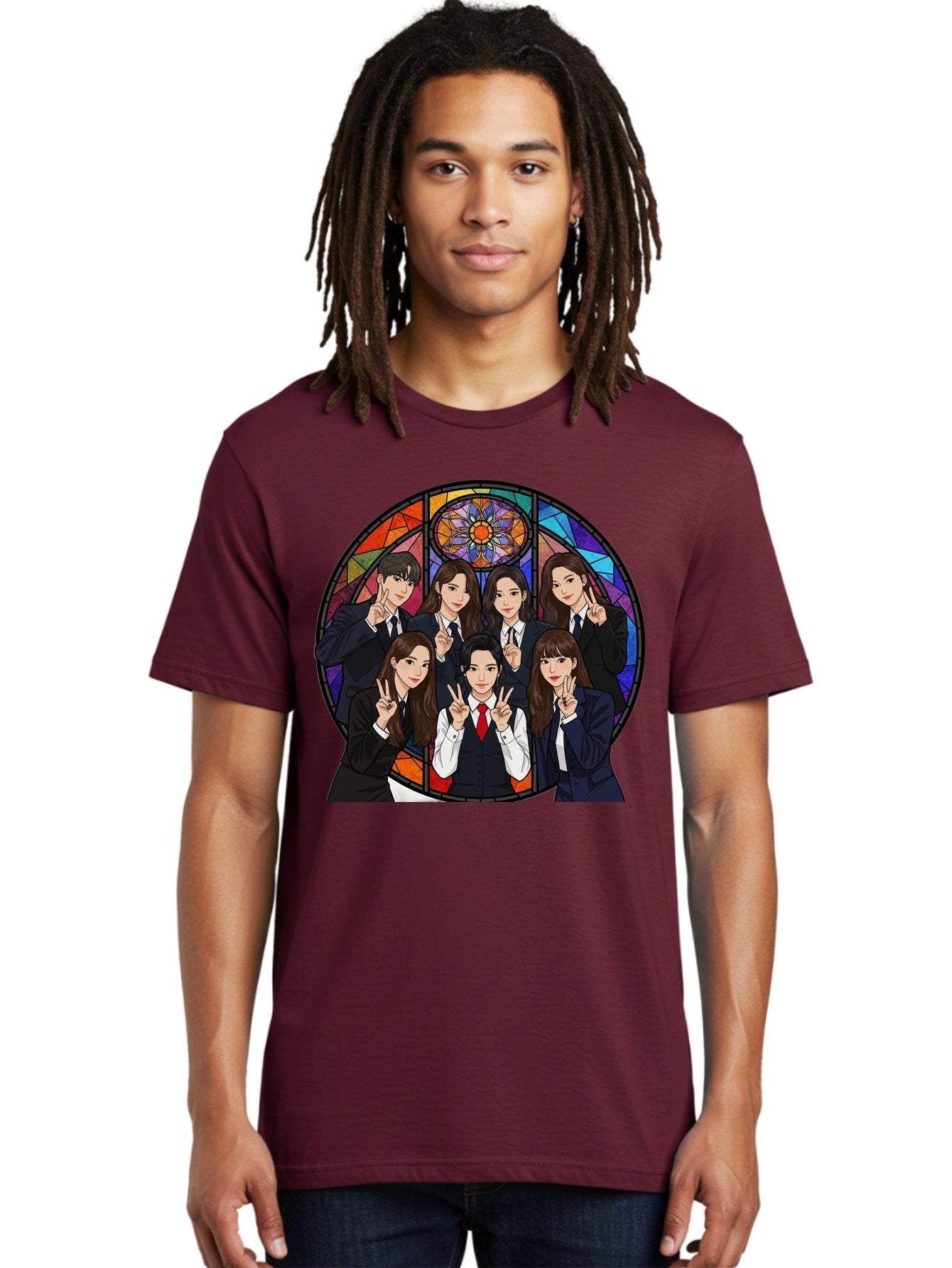 K-Pop-Group-7 Men'S Graphic Tee, 100% Cotton, Comfortable Casual Summer Wear, Machine Washable, K-Pop Group Illustration, Stained Glass Window, School Uniforms, Peace Signs, K-Pop Fashion, Group Portrait, Colorful Background, K-Pop Idols, Bac096 21