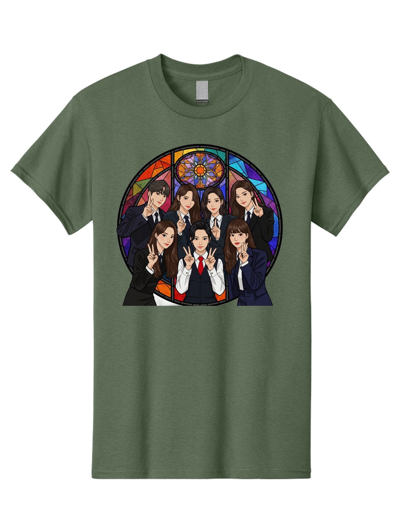 K-Pop-Group-7 Men'S Graphic Tee, 100% Cotton, Comfortable Casual Summer Wear, Machine Washable, K-Pop Group Illustration, Stained Glass Window, School Uniforms, Peace Signs, K-Pop Fashion, Group Portrait, Colorful Background, K-Pop Idols, Bac096 7