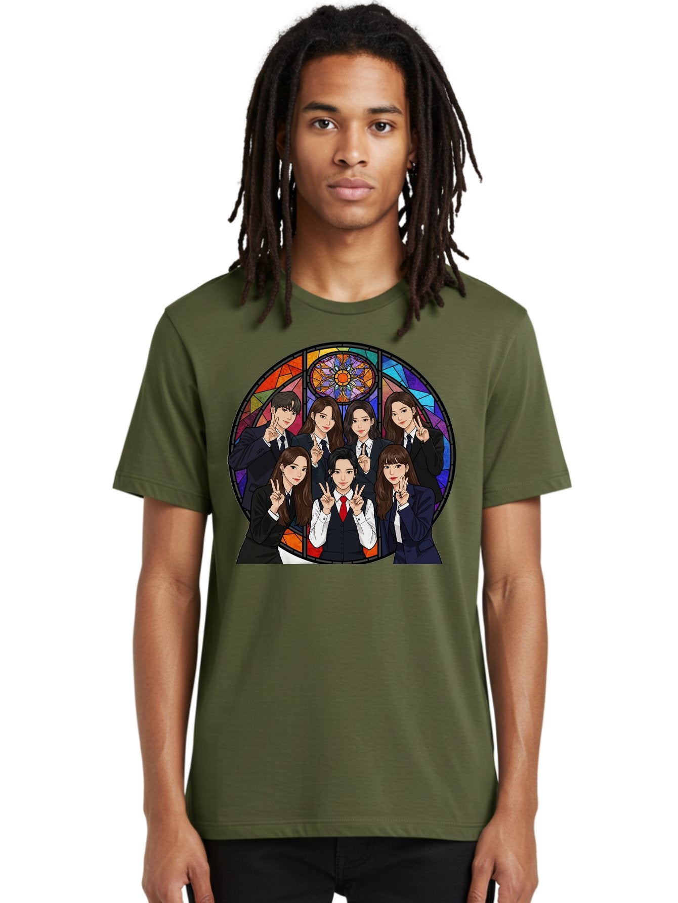 K-Pop-Group-7 Men'S Graphic Tee, 100% Cotton, Comfortable Casual Summer Wear, Machine Washable, K-Pop Group Illustration, Stained Glass Window, School Uniforms, Peace Signs, K-Pop Fashion, Group Portrait, Colorful Background, K-Pop Idols, Bac096 16