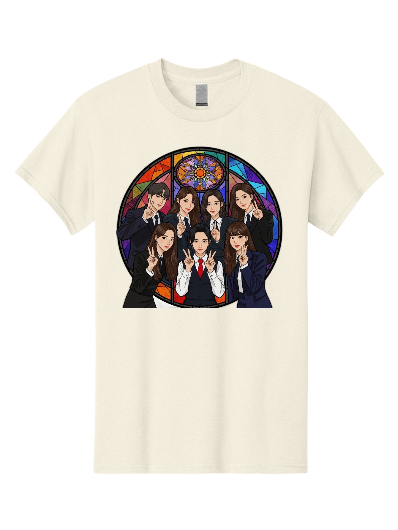 K-Pop-Group-7 Men'S Graphic Tee, 100% Cotton, Comfortable Casual Summer Wear, Machine Washable, K-Pop Group Illustration, Stained Glass Window, School Uniforms, Peace Signs, K-Pop Fashion, Group Portrait, Colorful Background, K-Pop Idols, Bac096 15