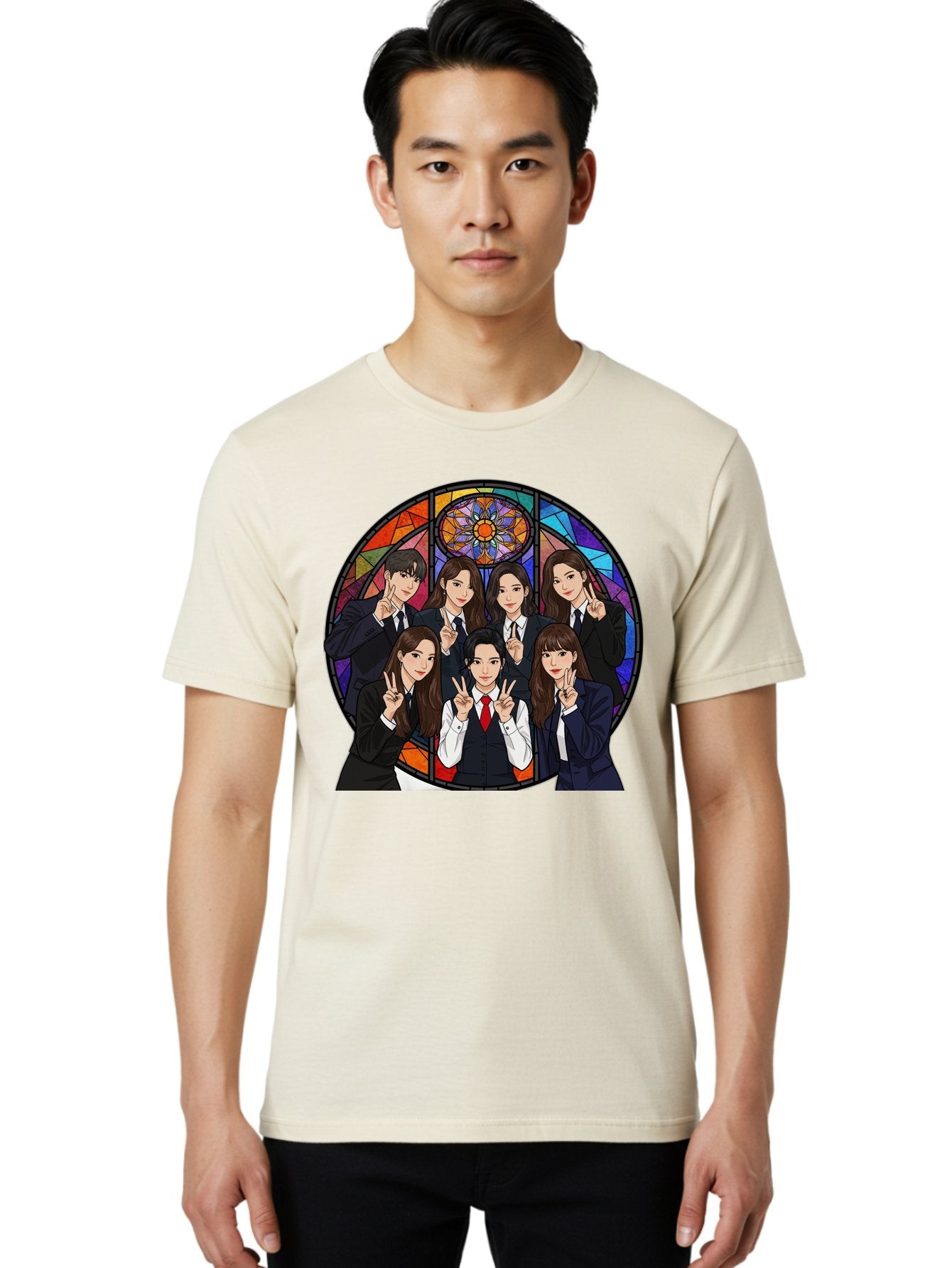 K-Pop-Group-7 Men'S Graphic Tee, 100% Cotton, Comfortable Casual Summer Wear, Machine Washable, K-Pop Group Illustration, Stained Glass Window, School Uniforms, Peace Signs, K-Pop Fashion, Group Portrait, Colorful Background, K-Pop Idols, Bac096 30