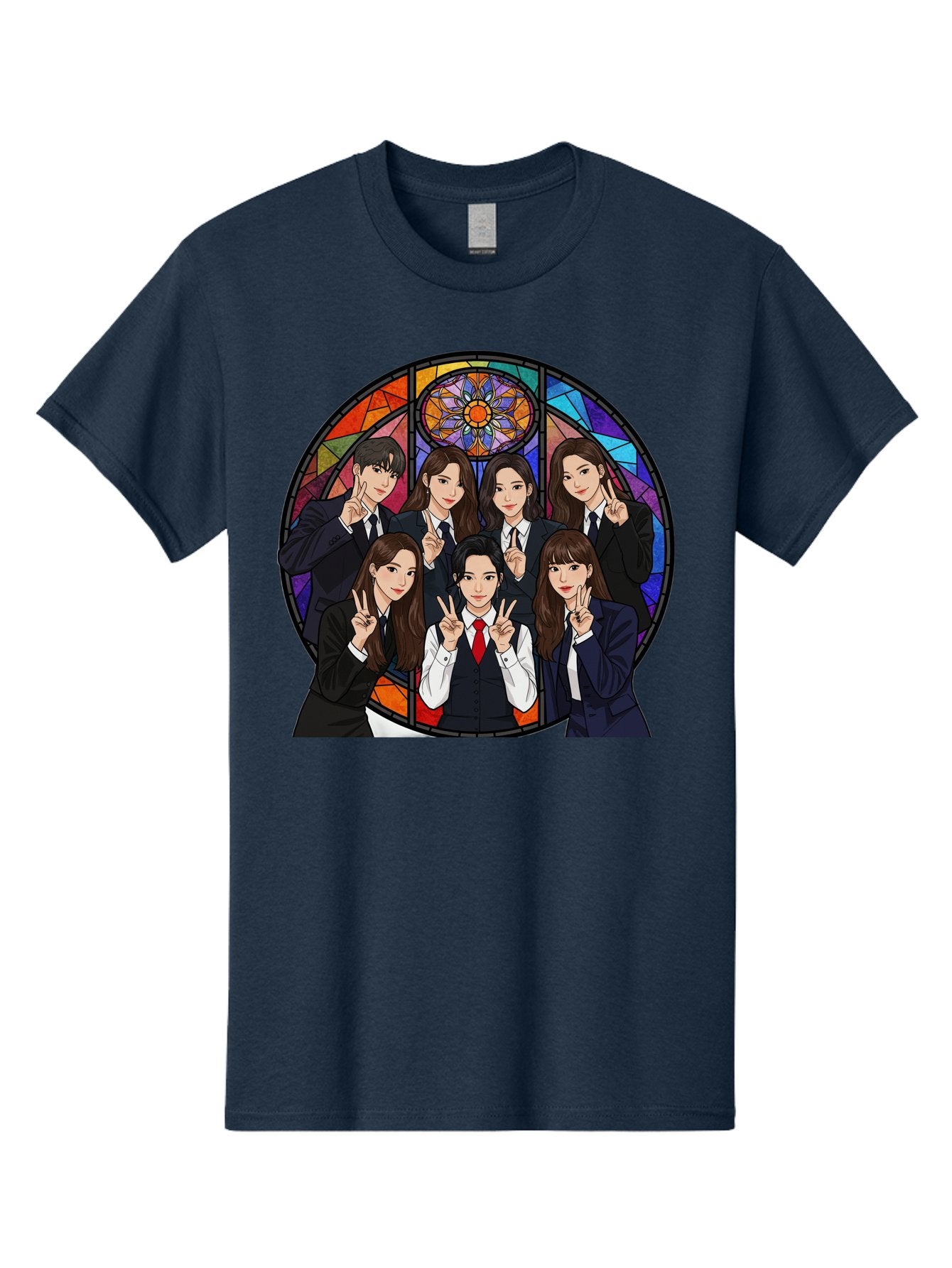K-Pop-Group-7 Men'S Graphic Tee, 100% Cotton, Comfortable Casual Summer Wear, Machine Washable, K-Pop Group Illustration, Stained Glass Window, School Uniforms, Peace Signs, K-Pop Fashion, Group Portrait, Colorful Background, K-Pop Idols, Bac096