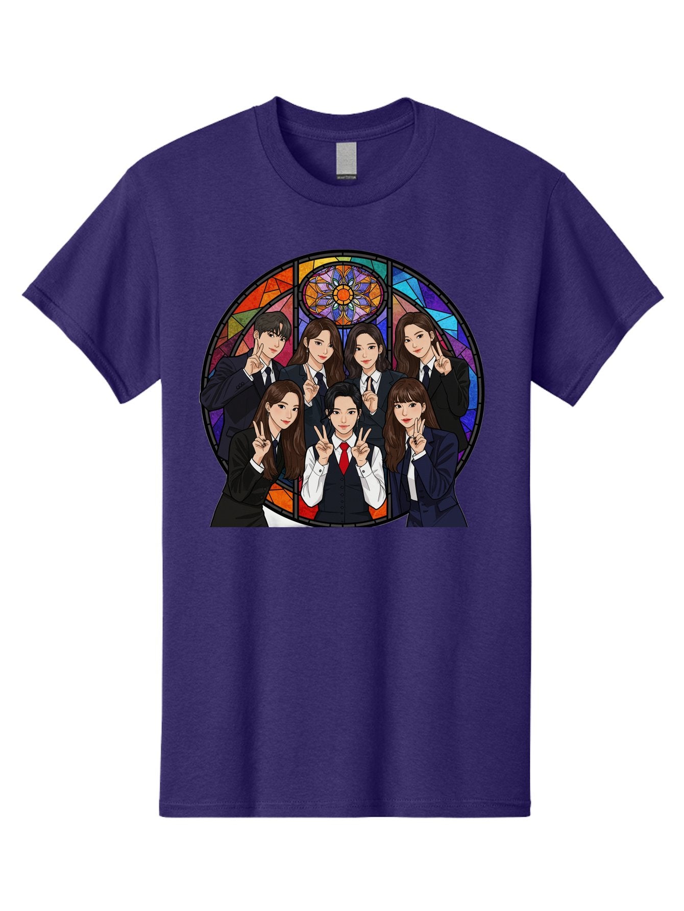 K-Pop-Group-7 Men'S Graphic Tee, 100% Cotton, Comfortable Casual Summer Wear, Machine Washable, K-Pop Group Illustration, Stained Glass Window, School Uniforms, Peace Signs, K-Pop Fashion, Group Portrait, Colorful Background, K-Pop Idols, Bac096 3