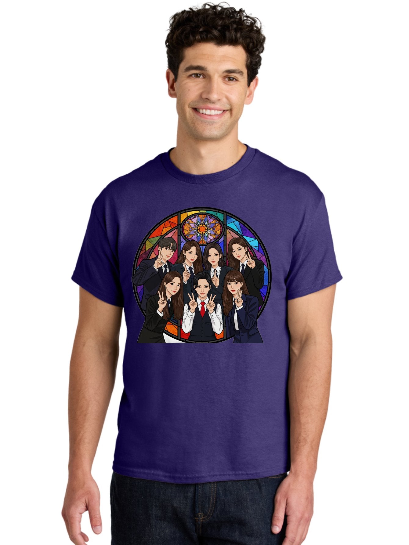 K-Pop-Group-7 Men'S Graphic Tee, 100% Cotton, Comfortable Casual Summer Wear, Machine Washable, K-Pop Group Illustration, Stained Glass Window, School Uniforms, Peace Signs, K-Pop Fashion, Group Portrait, Colorful Background, K-Pop Idols, Bac096 22