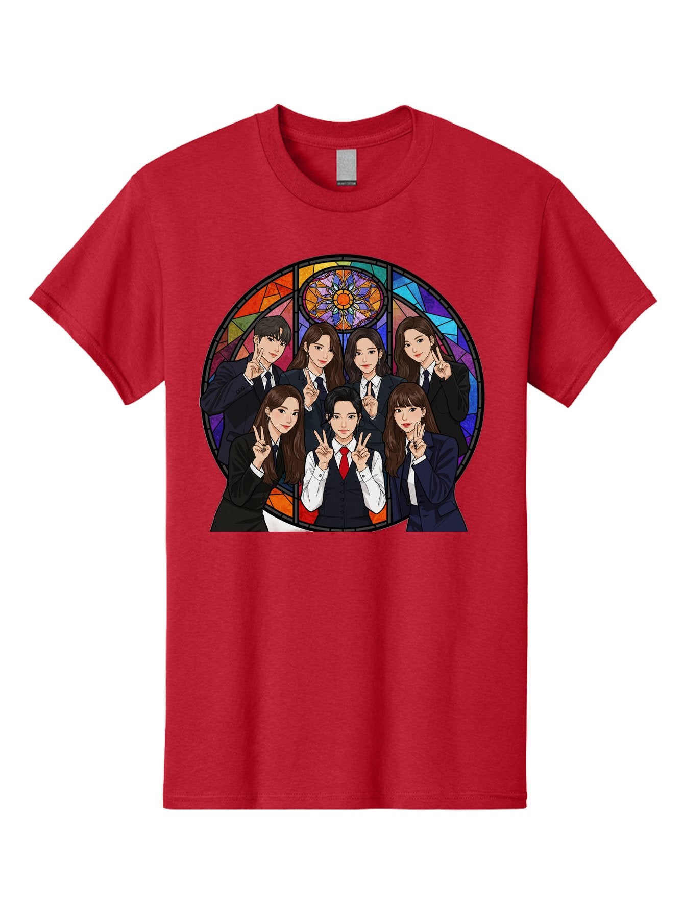 K-Pop-Group-7 Men'S Graphic Tee, 100% Cotton, Comfortable Casual Summer Wear, Machine Washable, K-Pop Group Illustration, Stained Glass Window, School Uniforms, Peace Signs, K-Pop Fashion, Group Portrait, Colorful Background, K-Pop Idols, Bac096 6