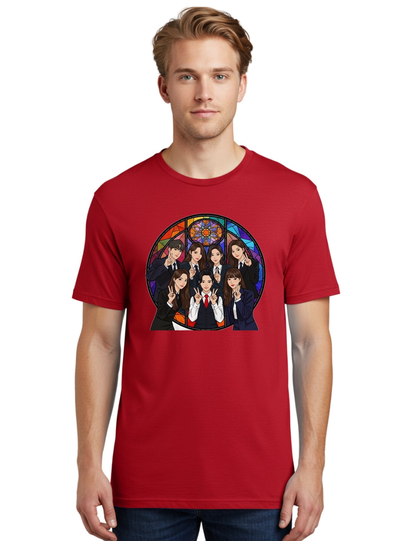 K-Pop-Group-7 Men'S Graphic Tee, 100% Cotton, Comfortable Casual Summer Wear, Machine Washable, K-Pop Group Illustration, Stained Glass Window, School Uniforms, Peace Signs, K-Pop Fashion, Group Portrait, Colorful Background, K-Pop Idols, Bac096 24