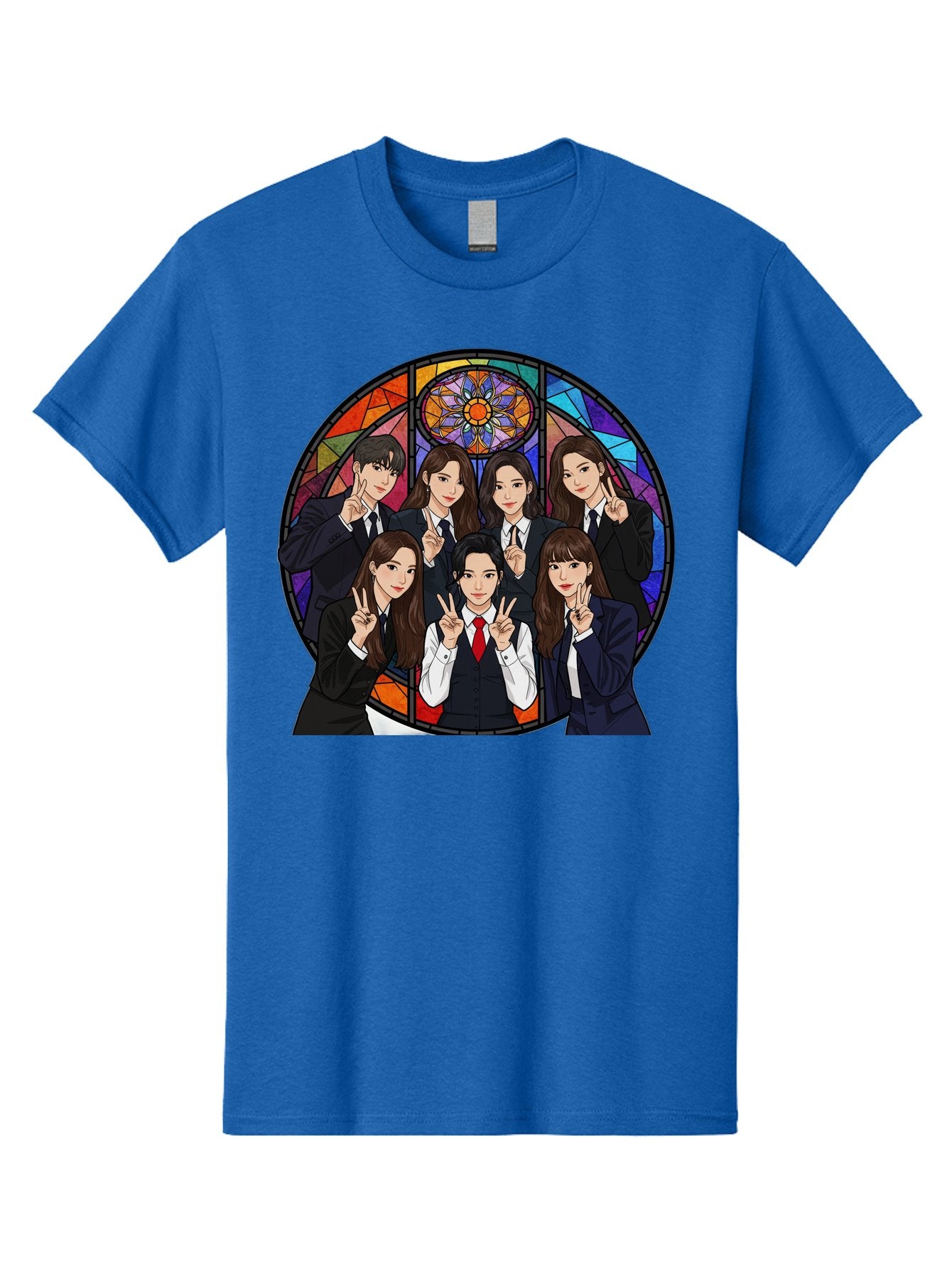K-Pop-Group-7 Men'S Graphic Tee, 100% Cotton, Comfortable Casual Summer Wear, Machine Washable, K-Pop Group Illustration, Stained Glass Window, School Uniforms, Peace Signs, K-Pop Fashion, Group Portrait, Colorful Background, K-Pop Idols, Bac096 4