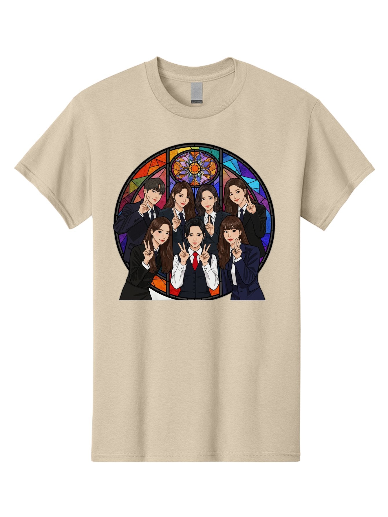 K-Pop-Group-7 Men'S Graphic Tee, 100% Cotton, Comfortable Casual Summer Wear, Machine Washable, K-Pop Group Illustration, Stained Glass Window, School Uniforms, Peace Signs, K-Pop Fashion, Group Portrait, Colorful Background, K-Pop Idols, Bac096 12