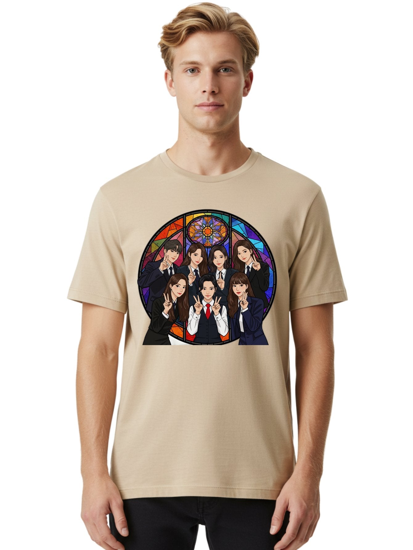K-Pop-Group-7 Men'S Graphic Tee, 100% Cotton, Comfortable Casual Summer Wear, Machine Washable, K-Pop Group Illustration, Stained Glass Window, School Uniforms, Peace Signs, K-Pop Fashion, Group Portrait, Colorful Background, K-Pop Idols, Bac096 28
