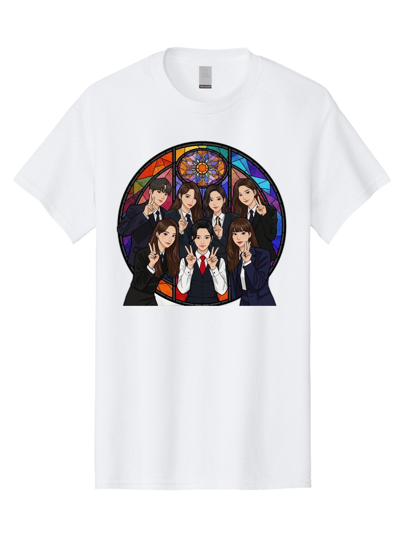 K-Pop-Group-7 Men'S Graphic Tee, 100% Cotton, Comfortable Casual Summer Wear, Machine Washable, K-Pop Group Illustration, Stained Glass Window, School Uniforms, Peace Signs, K-Pop Fashion, Group Portrait, Colorful Background, K-Pop Idols, Bac096 14