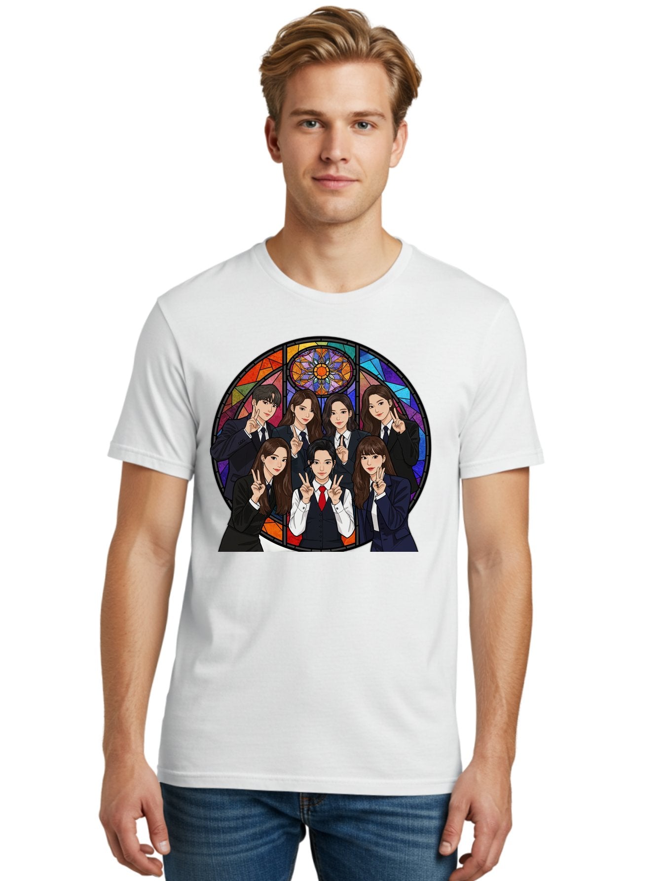K-Pop-Group-7 Men'S Graphic Tee, 100% Cotton, Comfortable Casual Summer Wear, Machine Washable, K-Pop Group Illustration, Stained Glass Window, School Uniforms, Peace Signs, K-Pop Fashion, Group Portrait, Colorful Background, K-Pop Idols, Bac096 29