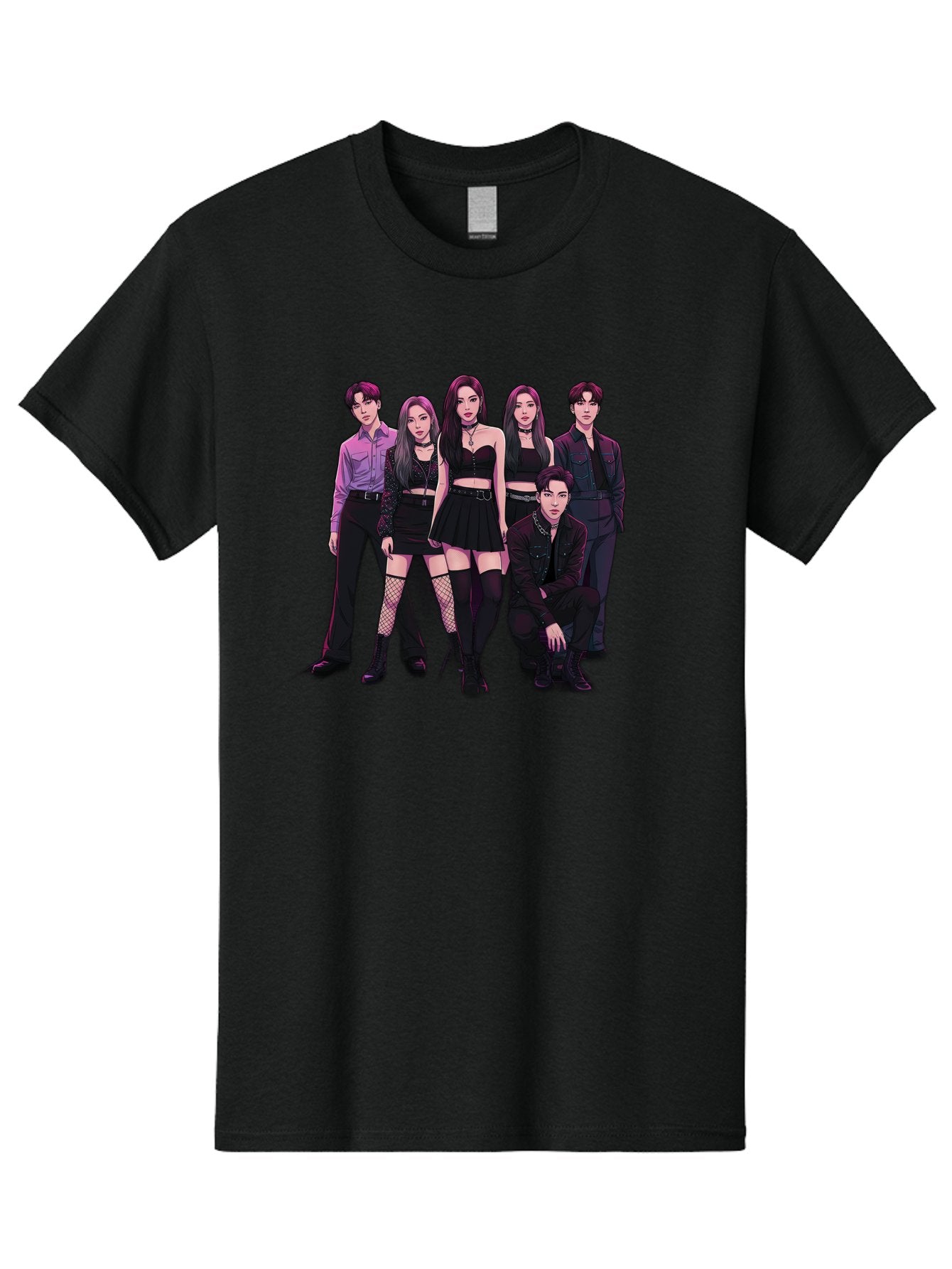K-Pop-Group-9 Men'S Graphic Tee, 100% Cotton, Comfortable Casual Summer Wear, Machine Washable, K-Pop Group Portrait, Young Adults, Black Clothing, Edgy Style, Confident Poses, Fashion Statement, Group Shot, Pop Culture, Music Industry, Bac098 14