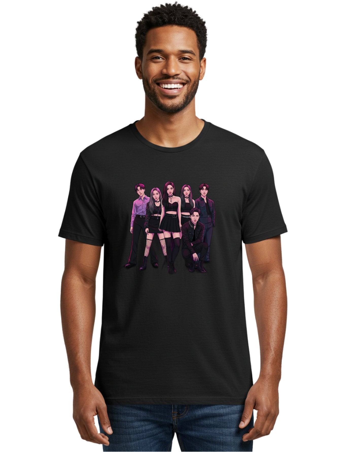 K-Pop-Group-9 Men'S Graphic Tee, 100% Cotton, Comfortable Casual Summer Wear, Machine Washable, K-Pop Group Portrait, Young Adults, Black Clothing, Edgy Style, Confident Poses, Fashion Statement, Group Shot, Pop Culture, Music Industry, Bac098 29