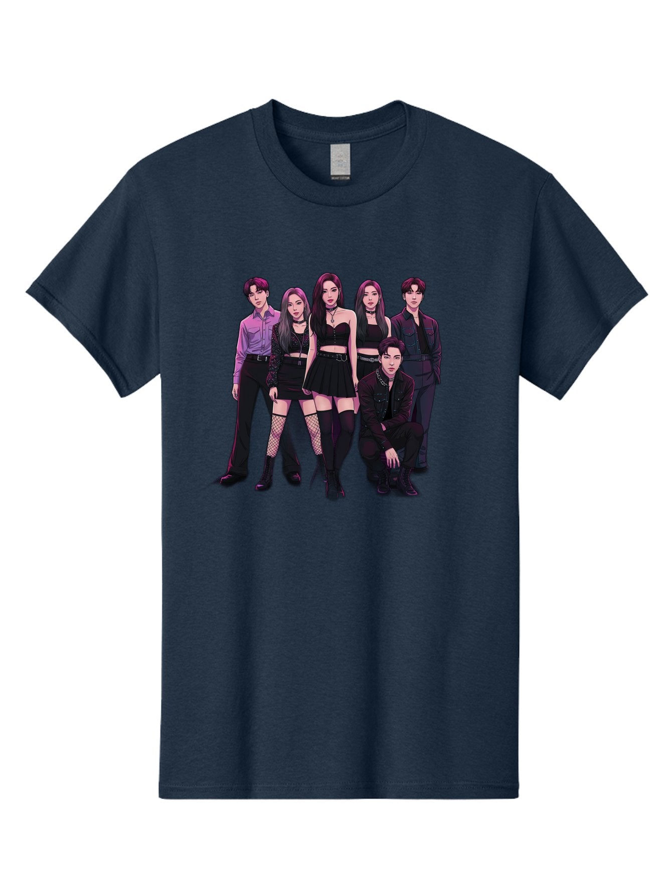 K-Pop-Group-9 Men'S Graphic Tee, 100% Cotton, Comfortable Casual Summer Wear, Machine Washable, K-Pop Group Portrait, Young Adults, Black Clothing, Edgy Style, Confident Poses, Fashion Statement, Group Shot, Pop Culture, Music Industry, Bac098 3
