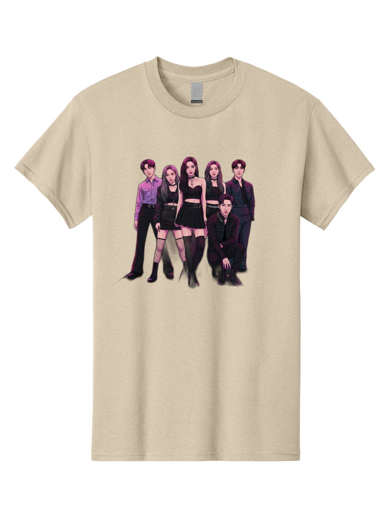 K-Pop-Group-9 Men'S Graphic Tee, 100% Cotton, Comfortable Casual Summer Wear, Machine Washable, K-Pop Group Portrait, Young Adults, Black Clothing, Edgy Style, Confident Poses, Fashion Statement, Group Shot, Pop Culture, Music Industry, Bac098