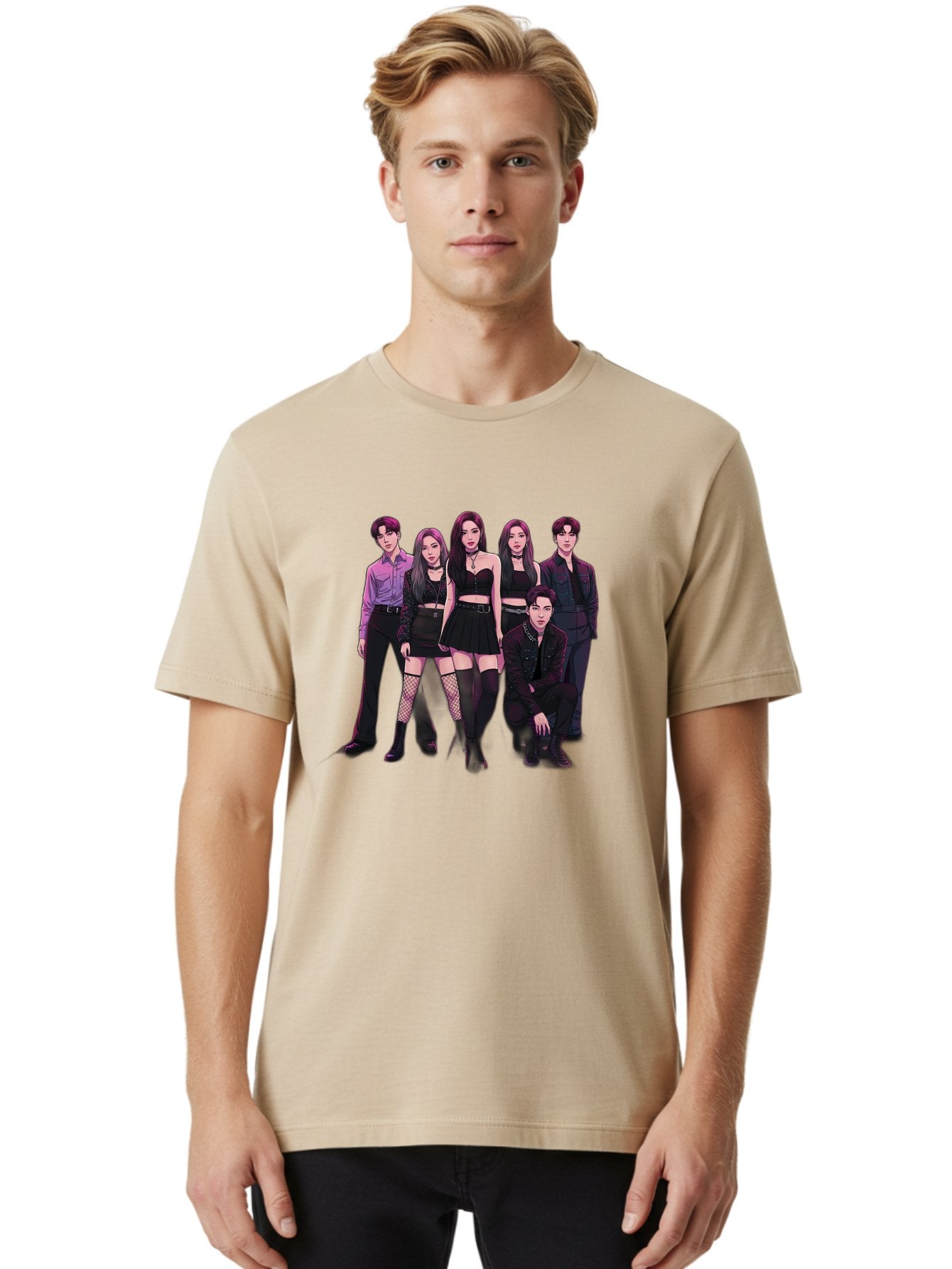 K-Pop-Group-9 Men'S Graphic Tee, 100% Cotton, Comfortable Casual Summer Wear, Machine Washable, K-Pop Group Portrait, Young Adults, Black Clothing, Edgy Style, Confident Poses, Fashion Statement, Group Shot, Pop Culture, Music Industry, Bac098 19