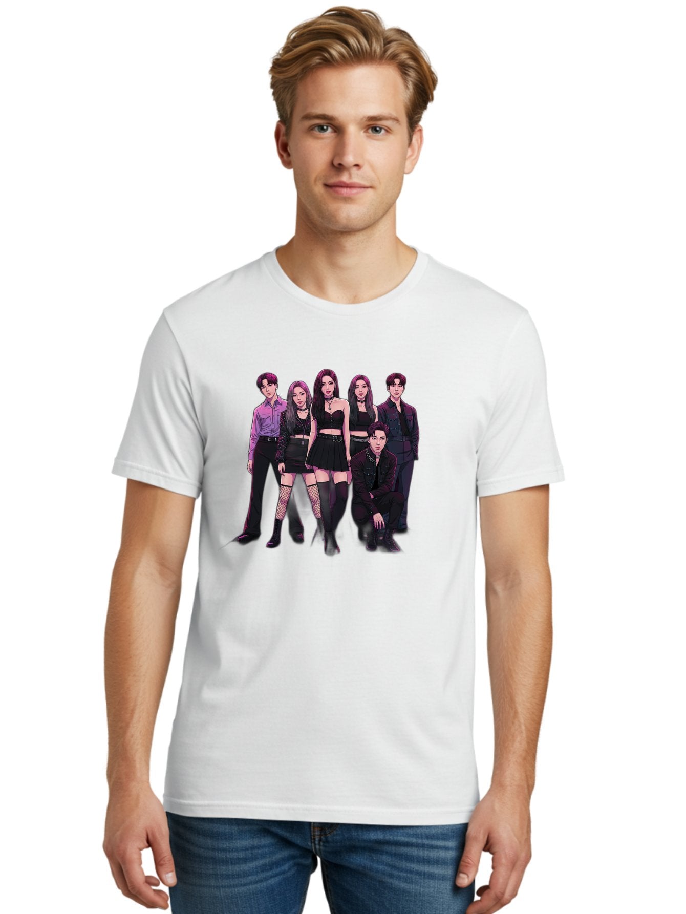 K-Pop-Group-9 Men'S Graphic Tee, 100% Cotton, Comfortable Casual Summer Wear, Machine Washable, K-Pop Group Portrait, Young Adults, Black Clothing, Edgy Style, Confident Poses, Fashion Statement, Group Shot, Pop Culture, Music Industry, Bac098 25