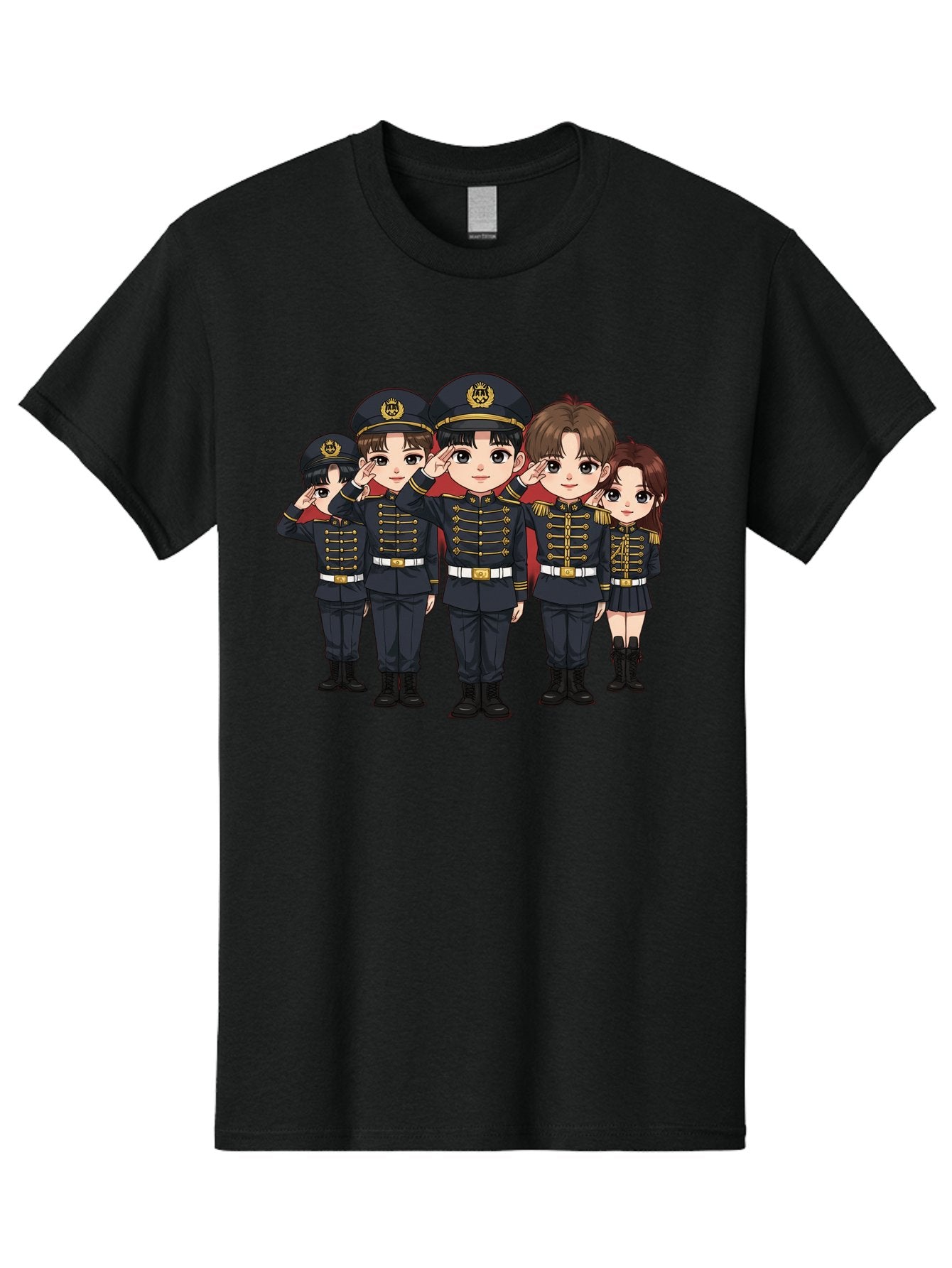K-Pop-Group-Military-Uniform Men'S Graphic Tee, 100% Cotton, Comfortable Casual Summer Wear, Machine Washable, Anime Characters In Military Uniforms, Cartoon Illustration, Japanese Pop Culture, K-Pop Style, Military Attire, Saluting Pose, Bac099 5