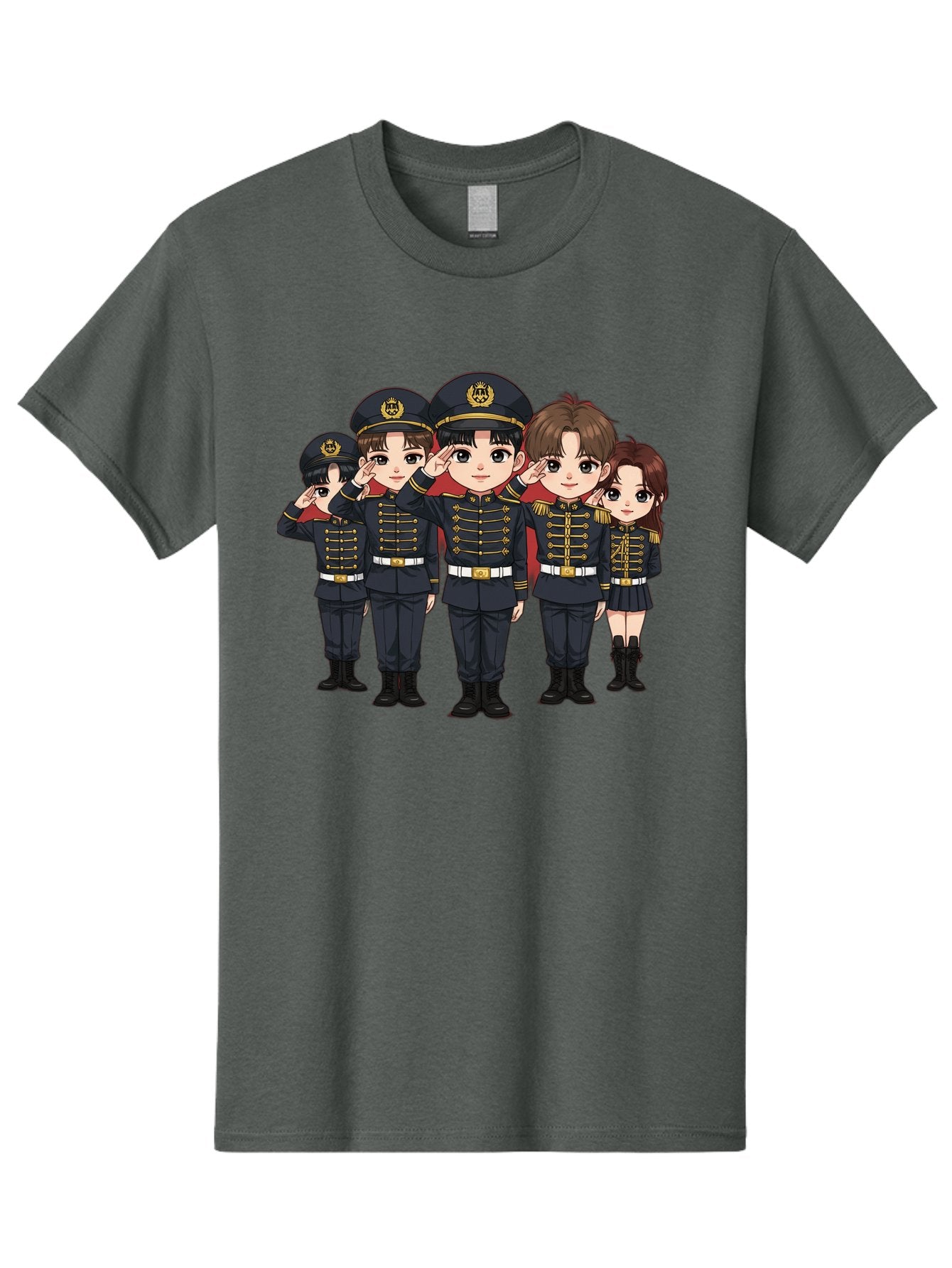 K-Pop-Group-Military-Uniform Men'S Graphic Tee, 100% Cotton, Comfortable Casual Summer Wear, Machine Washable, Anime Characters In Military Uniforms, Cartoon Illustration, Japanese Pop Culture, K-Pop Style, Military Attire, Saluting Pose, Bac099 4