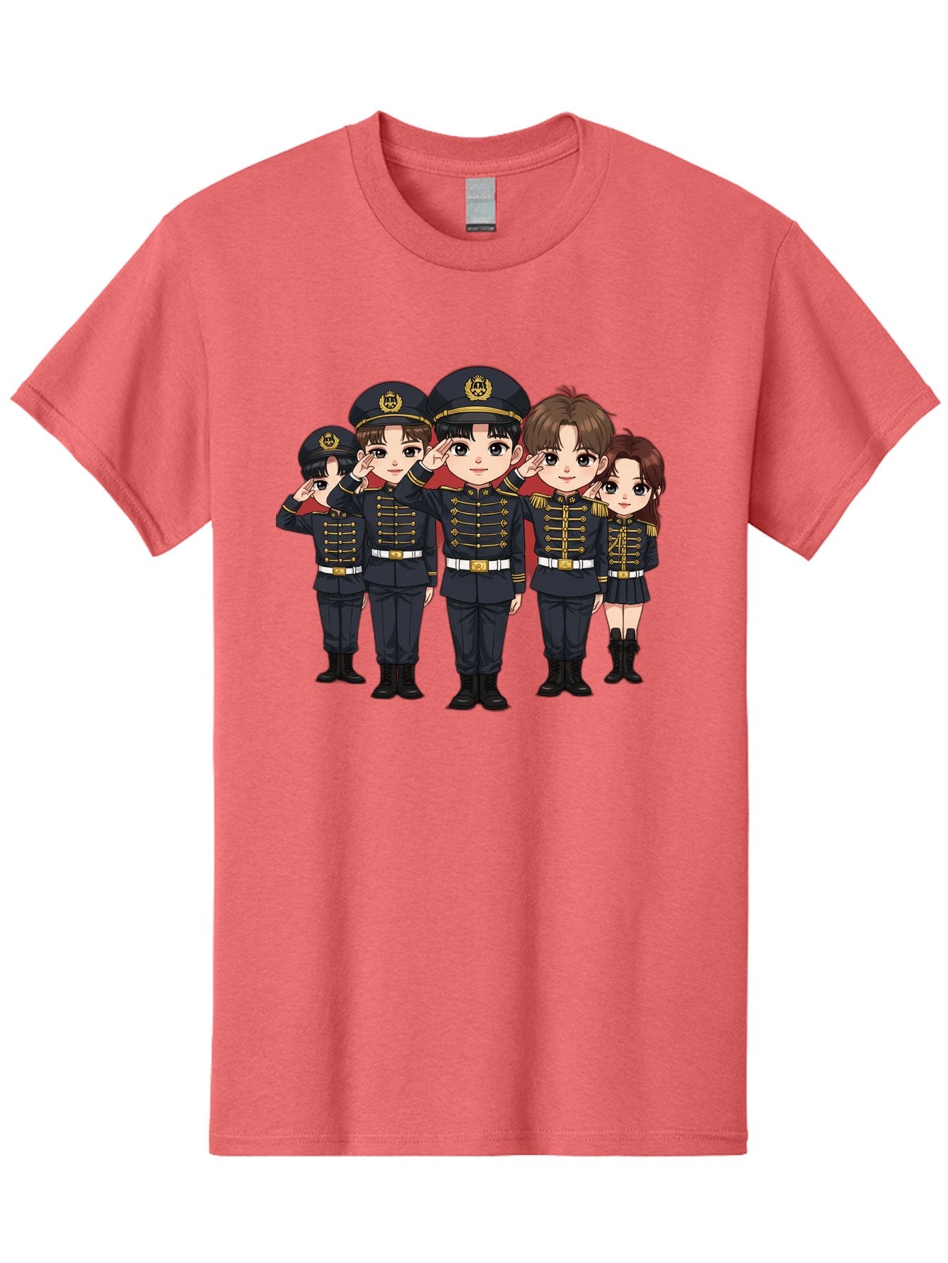 K-Pop-Group-Military-Uniform Men'S Graphic Tee, 100% Cotton, Comfortable Casual Summer Wear, Machine Washable, Anime Characters In Military Uniforms, Cartoon Illustration, Japanese Pop Culture, K-Pop Style, Military Attire, Saluting Pose, Bac099