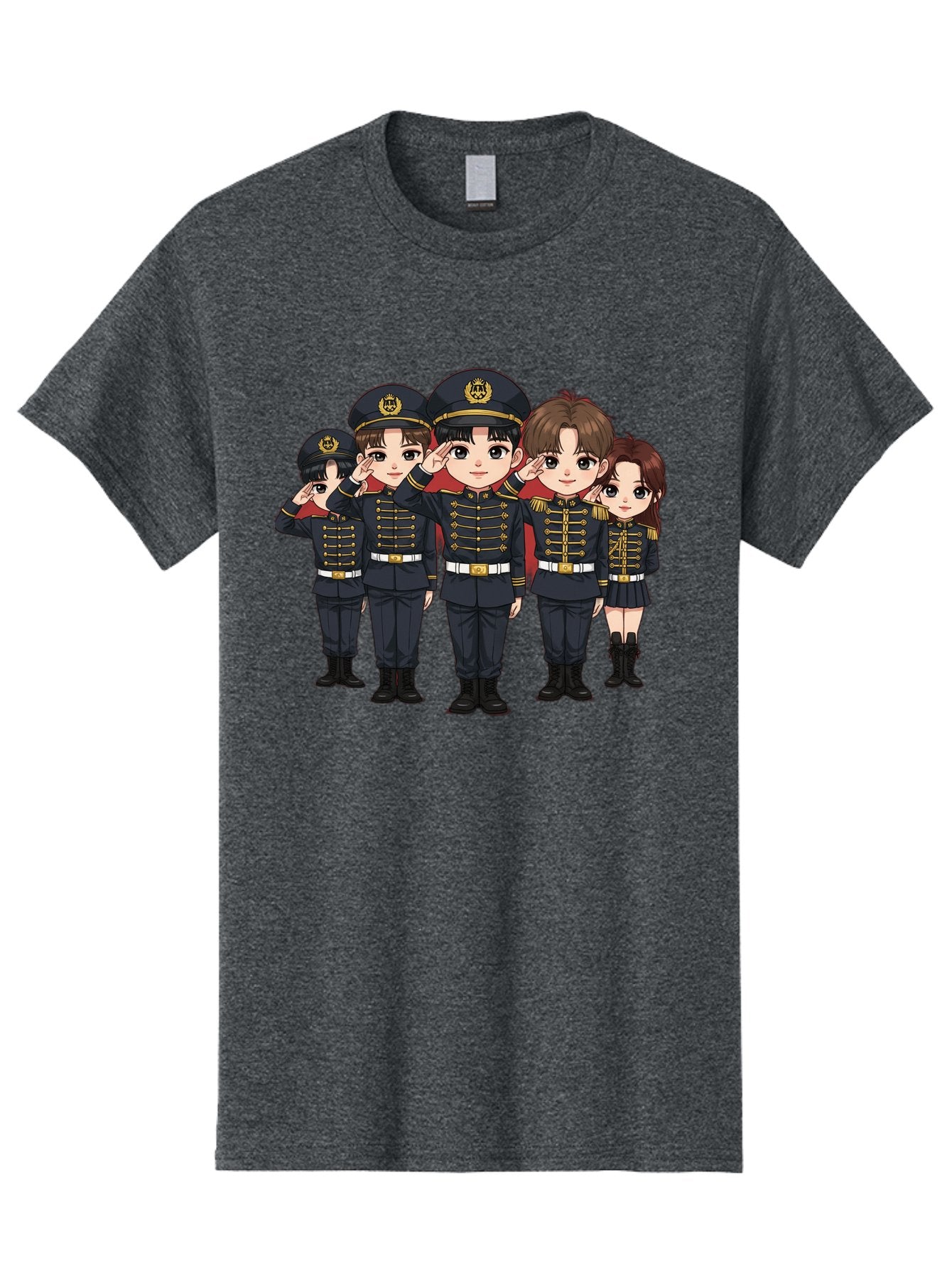 K-Pop-Group-Military-Uniform Men'S Graphic Tee, 100% Cotton, Comfortable Casual Summer Wear, Machine Washable, Anime Characters In Military Uniforms, Cartoon Illustration, Japanese Pop Culture, K-Pop Style, Military Attire, Saluting Pose, Bac099 3