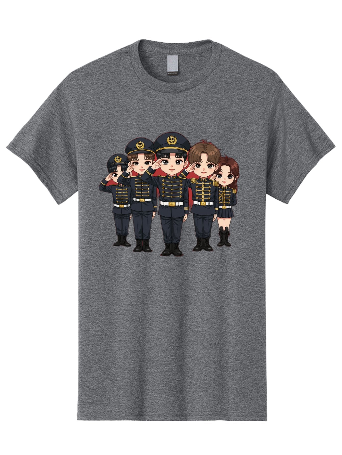K-Pop-Group-Military-Uniform Men'S Graphic Tee, 100% Cotton, Comfortable Casual Summer Wear, Machine Washable, Anime Characters In Military Uniforms, Cartoon Illustration, Japanese Pop Culture, K-Pop Style, Military Attire, Saluting Pose, Bac099 12