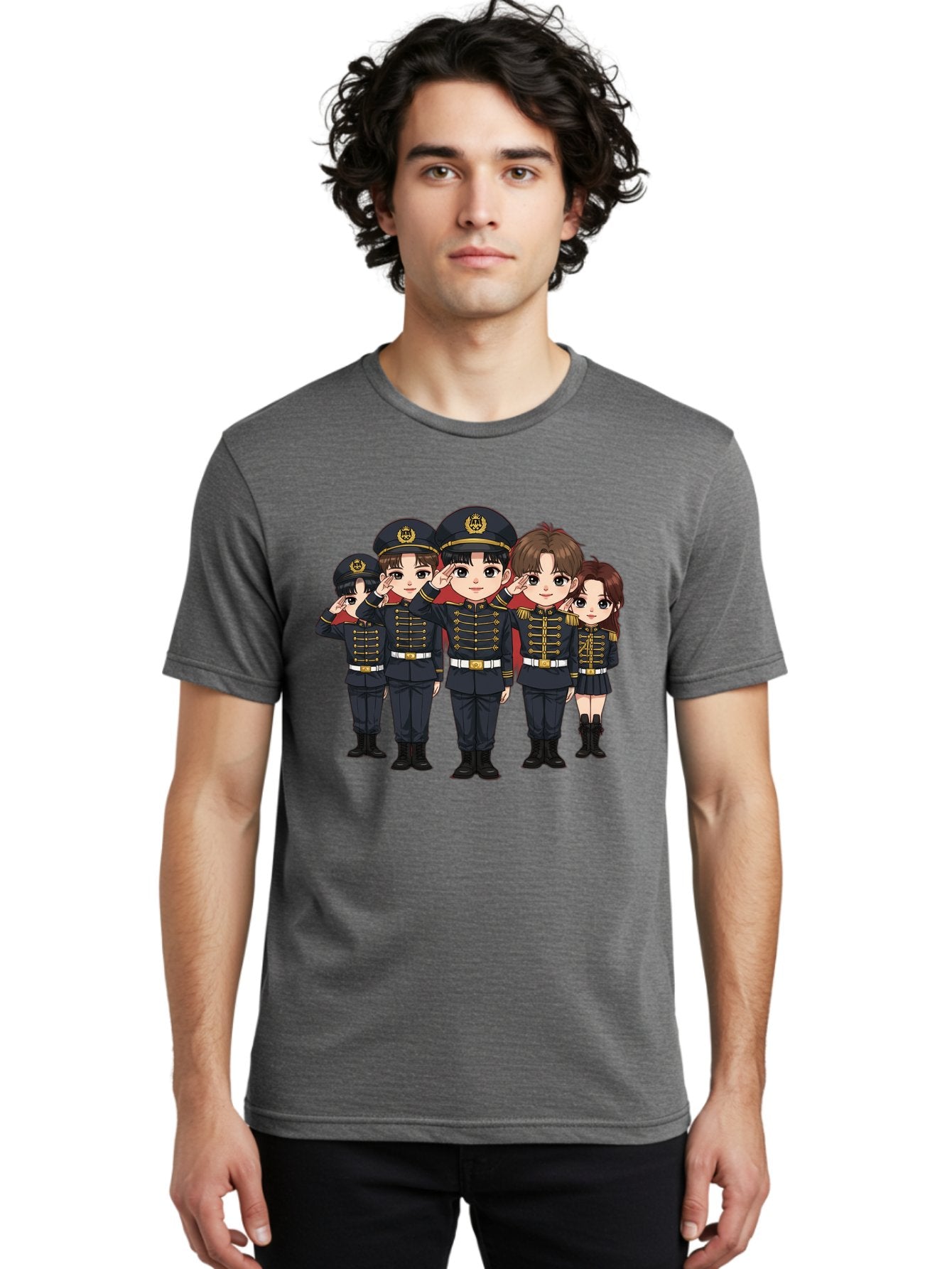 K-Pop-Group-Military-Uniform Men'S Graphic Tee, 100% Cotton, Comfortable Casual Summer Wear, Machine Washable, Anime Characters In Military Uniforms, Cartoon Illustration, Japanese Pop Culture, K-Pop Style, Military Attire, Saluting Pose, Bac099 28