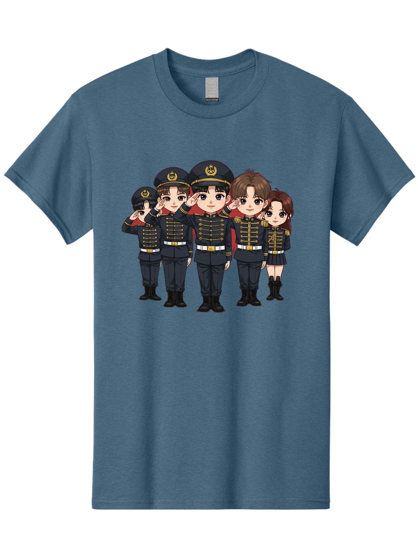 K-Pop-Group-Military-Uniform Men'S Graphic Tee, 100% Cotton, Comfortable Casual Summer Wear, Machine Washable, Anime Characters In Military Uniforms, Cartoon Illustration, Japanese Pop Culture, K-Pop Style, Military Attire, Saluting Pose, Bac099 9