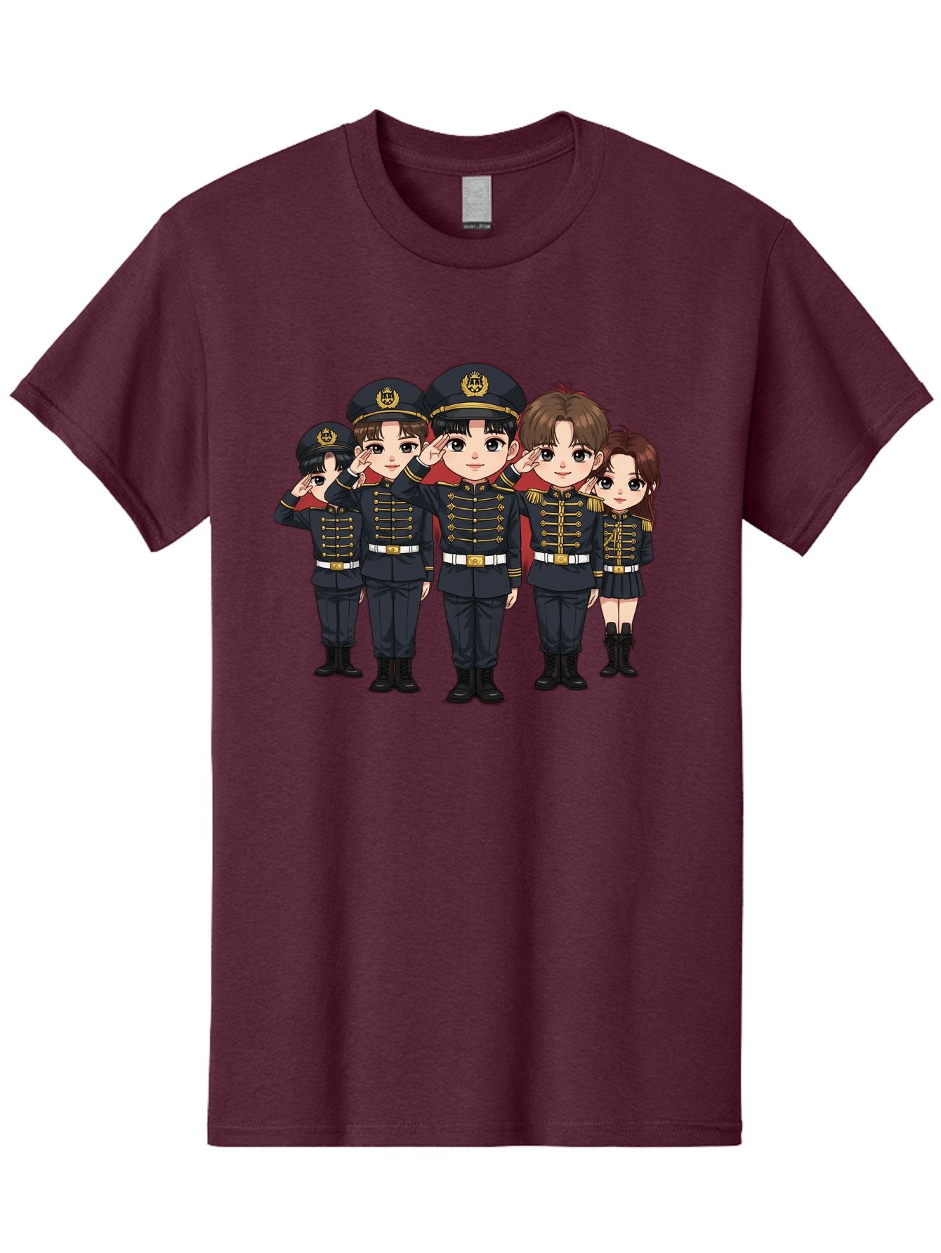 K-Pop-Group-Military-Uniform Men'S Graphic Tee, 100% Cotton, Comfortable Casual Summer Wear, Machine Washable, Anime Characters In Military Uniforms, Cartoon Illustration, Japanese Pop Culture, K-Pop Style, Military Attire, Saluting Pose, Bac099 13