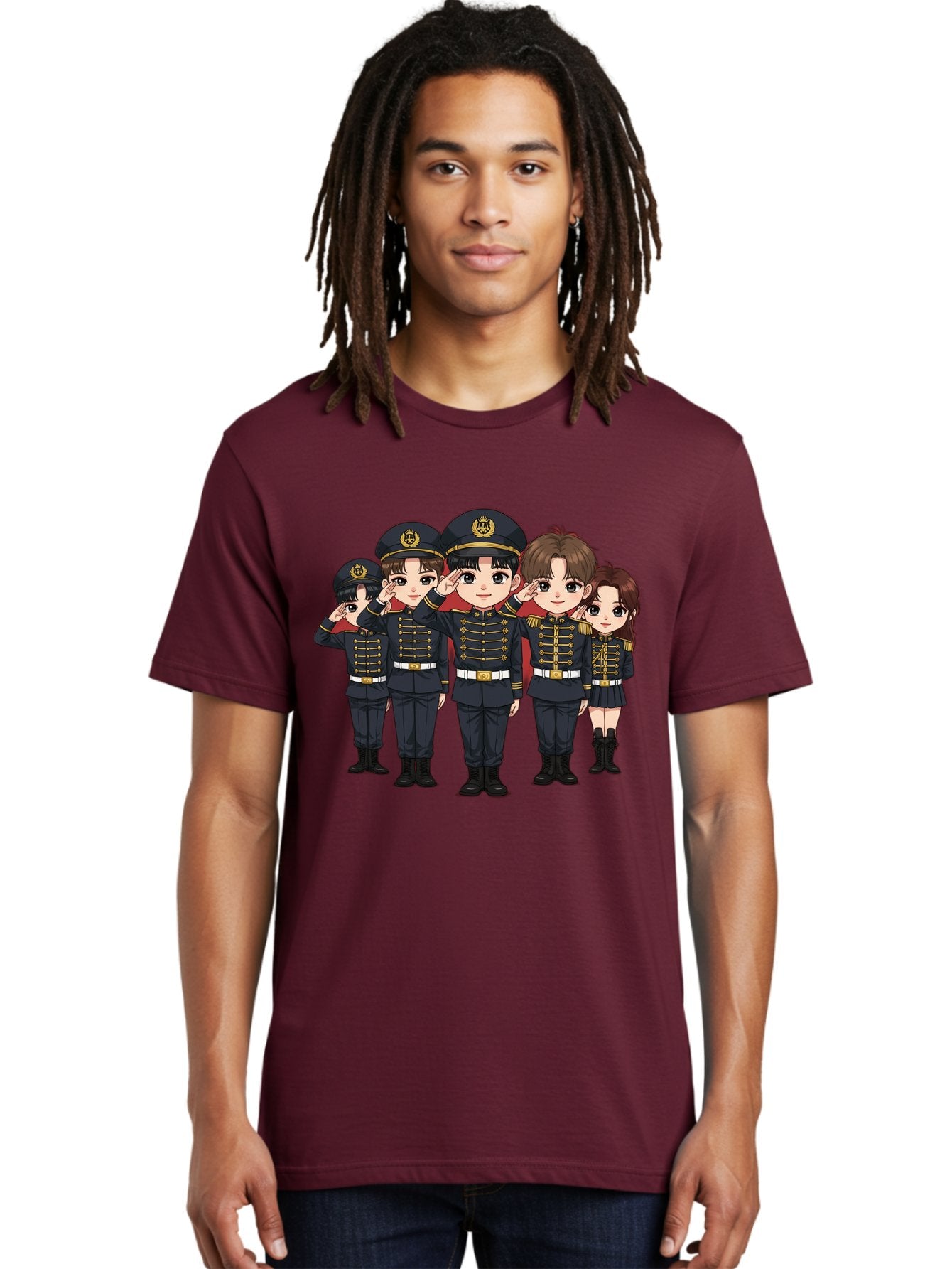 K-Pop-Group-Military-Uniform Men'S Graphic Tee, 100% Cotton, Comfortable Casual Summer Wear, Machine Washable, Anime Characters In Military Uniforms, Cartoon Illustration, Japanese Pop Culture, K-Pop Style, Military Attire, Saluting Pose, Bac099 20