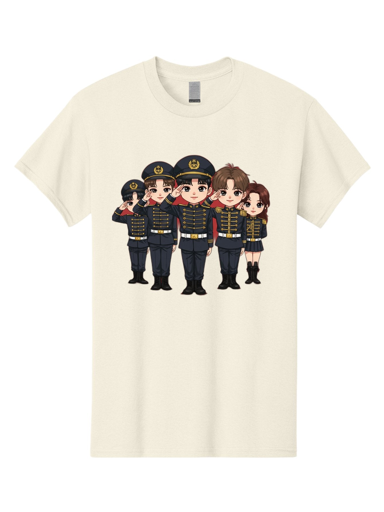 K-Pop-Group-Military-Uniform Men'S Graphic Tee, 100% Cotton, Comfortable Casual Summer Wear, Machine Washable, Anime Characters In Military Uniforms, Cartoon Illustration, Japanese Pop Culture, K-Pop Style, Military Attire, Saluting Pose, Bac099 11