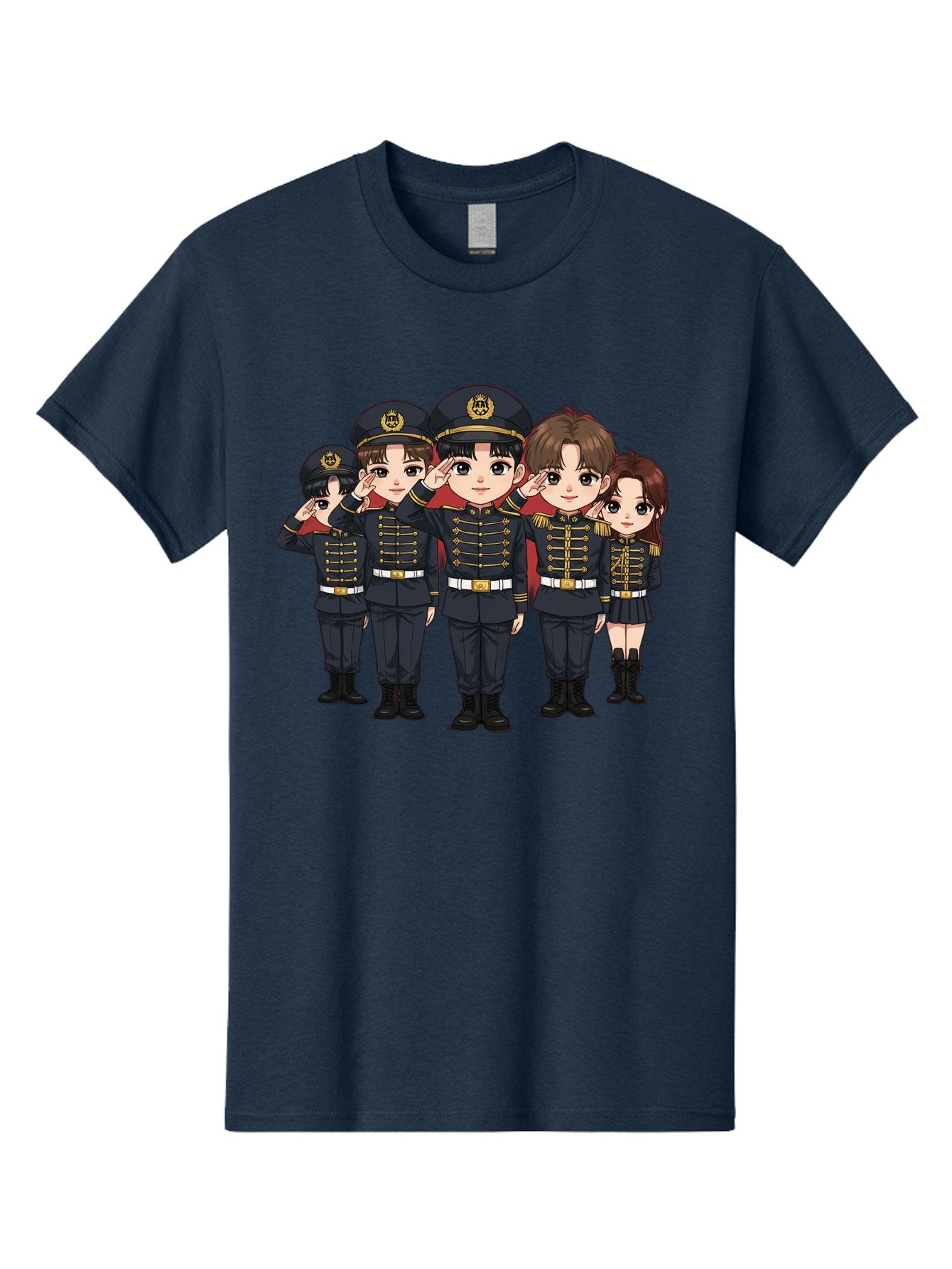 K-Pop-Group-Military-Uniform Men'S Graphic Tee, 100% Cotton, Comfortable Casual Summer Wear, Machine Washable, Anime Characters In Military Uniforms, Cartoon Illustration, Japanese Pop Culture, K-Pop Style, Military Attire, Saluting Pose, Bac099 6
