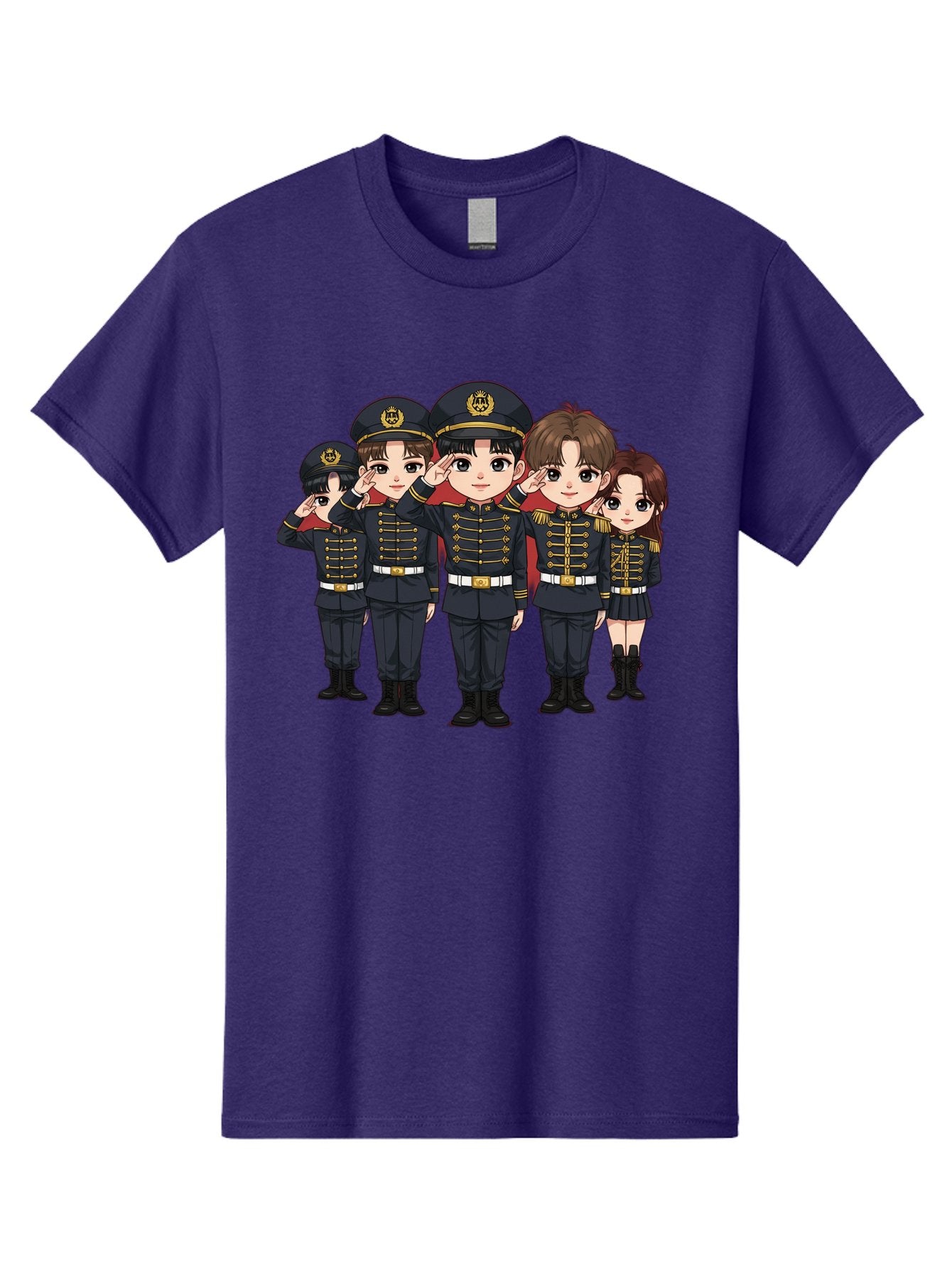 K-Pop-Group-Military-Uniform Men'S Graphic Tee, 100% Cotton, Comfortable Casual Summer Wear, Machine Washable, Anime Characters In Military Uniforms, Cartoon Illustration, Japanese Pop Culture, K-Pop Style, Military Attire, Saluting Pose, Bac099 10